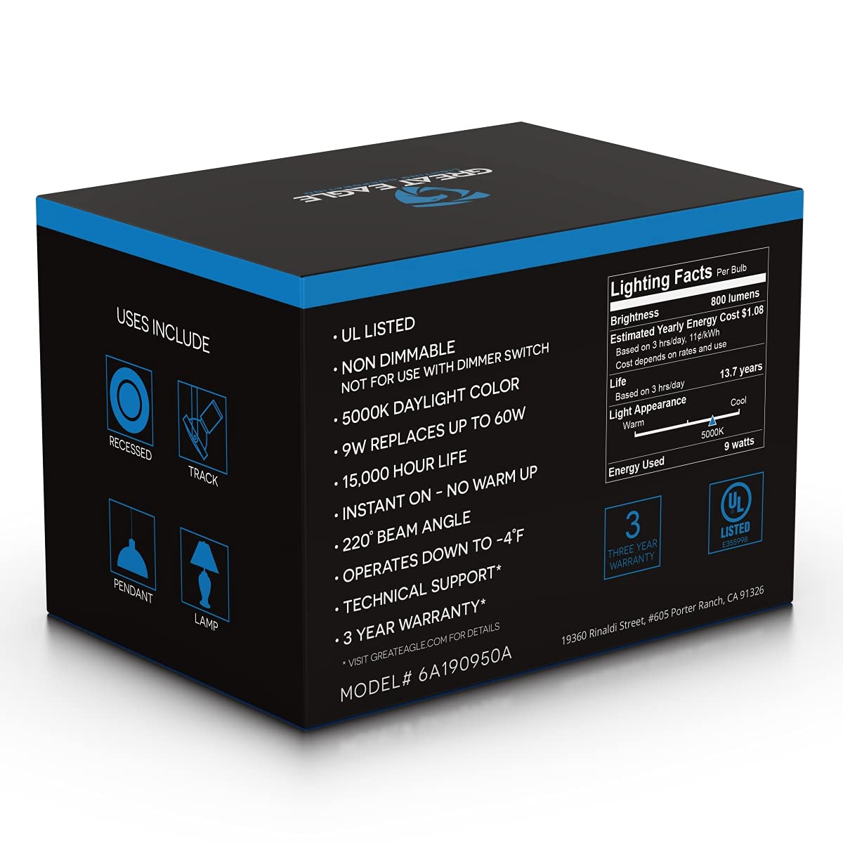 Great Eagle A19 Led Light Bulb, 9W (60W Equivalent), Ul Listed, 5000K (Daylight), 800 Lumens, Non-Dimmable, Standard Replacement