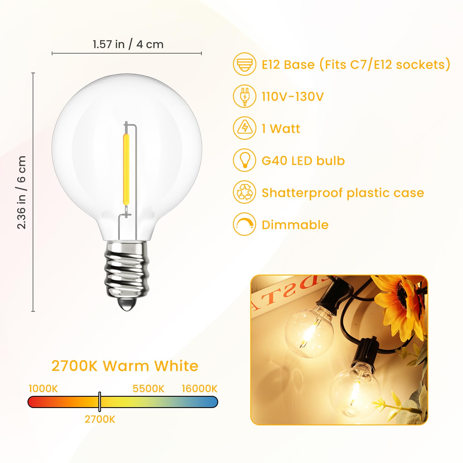 Svater G40 Led Replacement Bulbs For Outdoor String Lights, 25 Pack Dimmable Shatterproof Globe Bulbs, E12/C7 Screw Base Edison