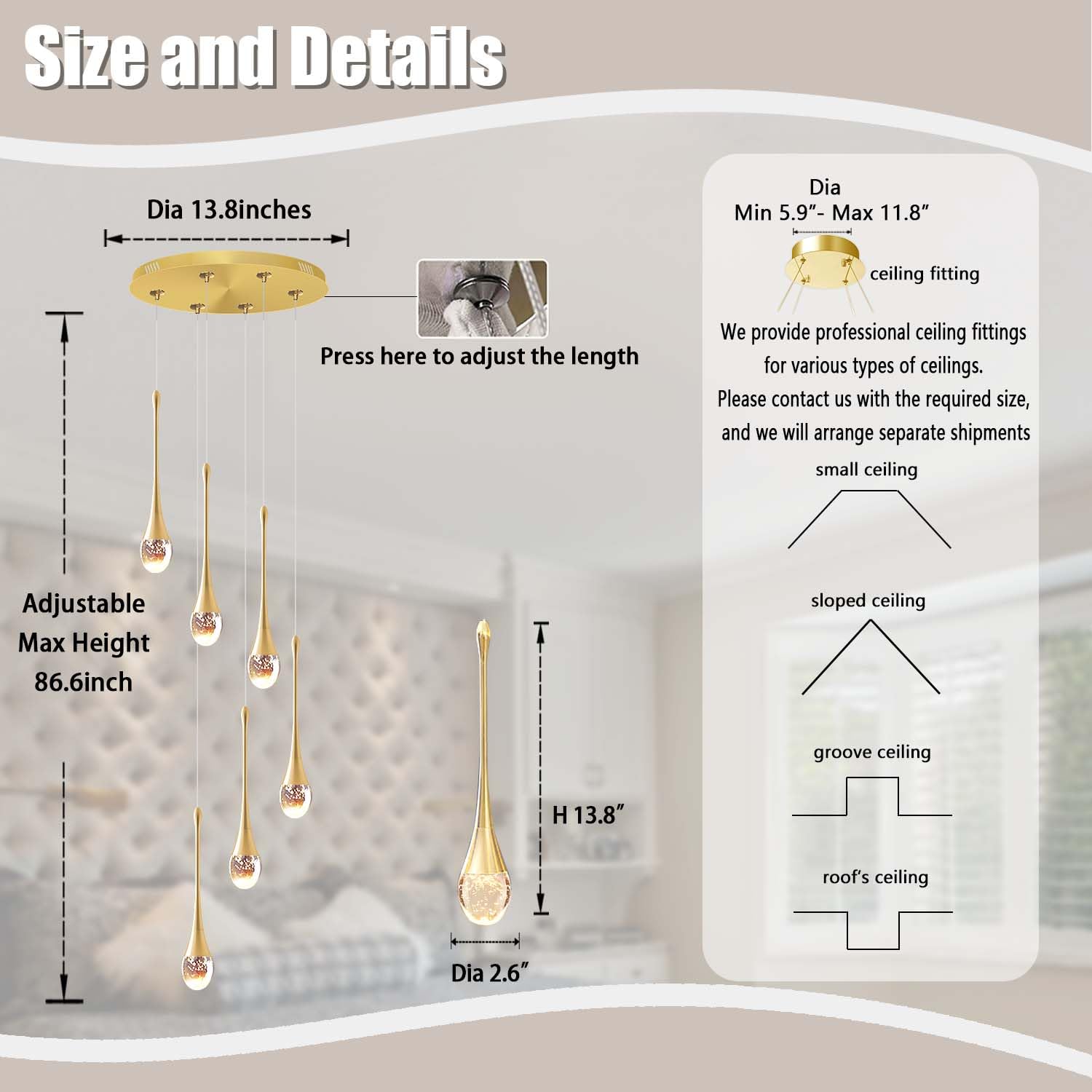 Ykolupty H86 Pendant Lights Kitchen Island 6-Lights Pendant Chandelier For Dining Room Hallway Stairwell,Led Dimmable 2700K-6000K