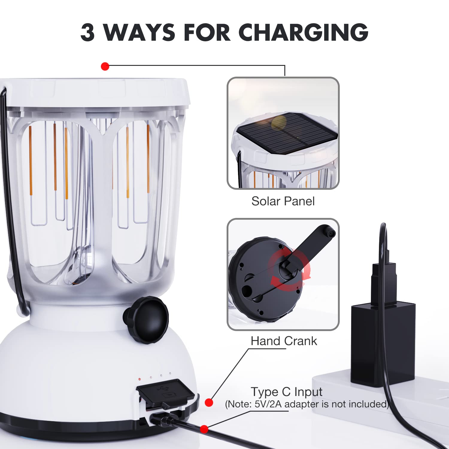 Mesqool Led Lantern Flashlight 650Lm, Rechargeable, Solar Crank, 4.09X4.09X6.42In, White, Model Cl7000