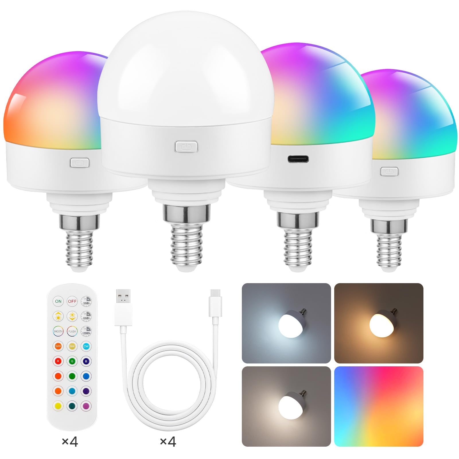 Goebleson Rechargeable Light Bulbs With Remote Control, 4 Packs E12 Battery Operated Light Bulbs, 3 Timer 15 Colors Selectable, 