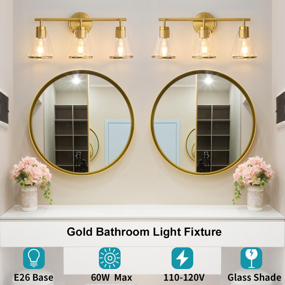 Nadosa Gold Vanity Light Bathroom Light Fixtures Over Mirror 3 Lights Bathroom Vanity Lights With Clear Glass Shade 22 Inch Modern Wall Sconce Bathroom Lights For Bath