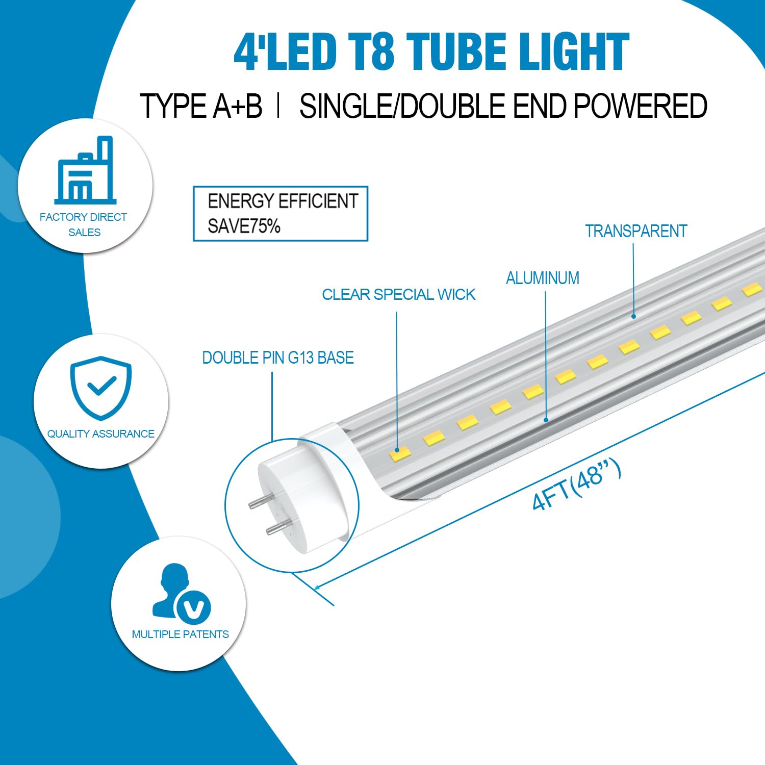 rgbylediison T8 Tube Lights 4FT 24W 5000K 3120LM Hybrid Type A+B Clear (6 Pack) ETL DLC