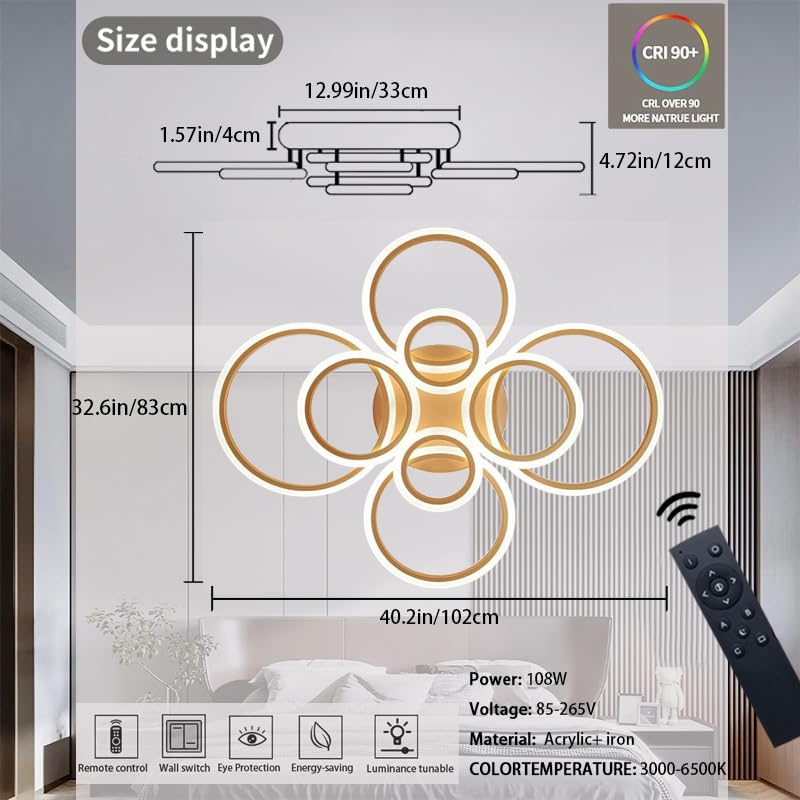 Dimmable Led Flush Mount Ceiling Light With Remote Control, 8-Ring Gold Design, Adjustable Color Temperature (3000-6000K) For Li