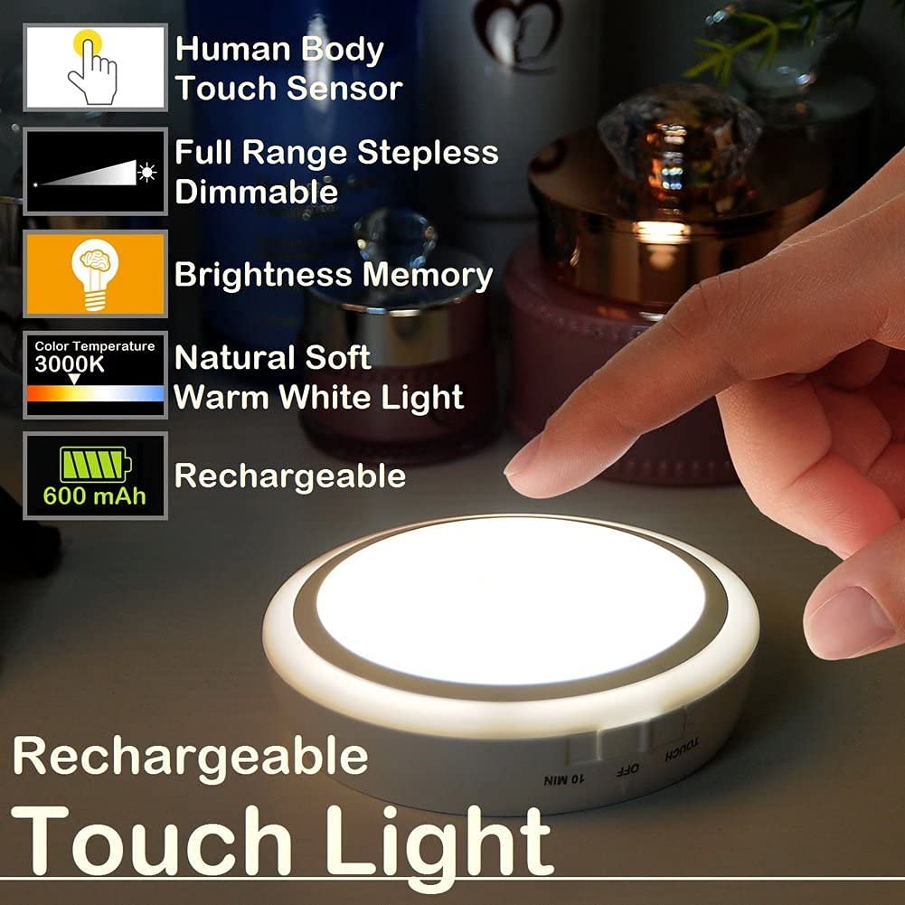 Rtsu Rechargeable Touch Light With Timer, Dimmable Kids Baby Nursery Night Light Lamp, Stick-On Anywhere Led Push Tap Light For
