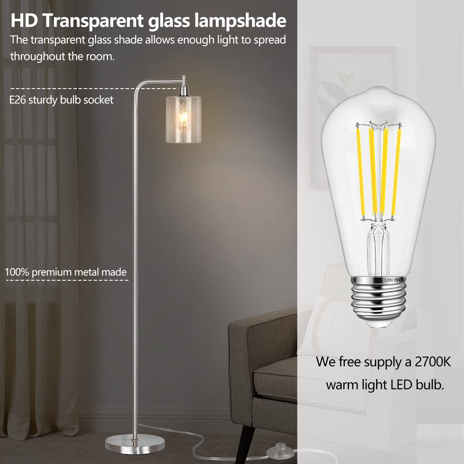 Qimh Industrial Floor Lamp For Living Room, Modern Standing Lamp With Hd Glass Lampshade And Pedal Switch, 67Tall Pole Light For