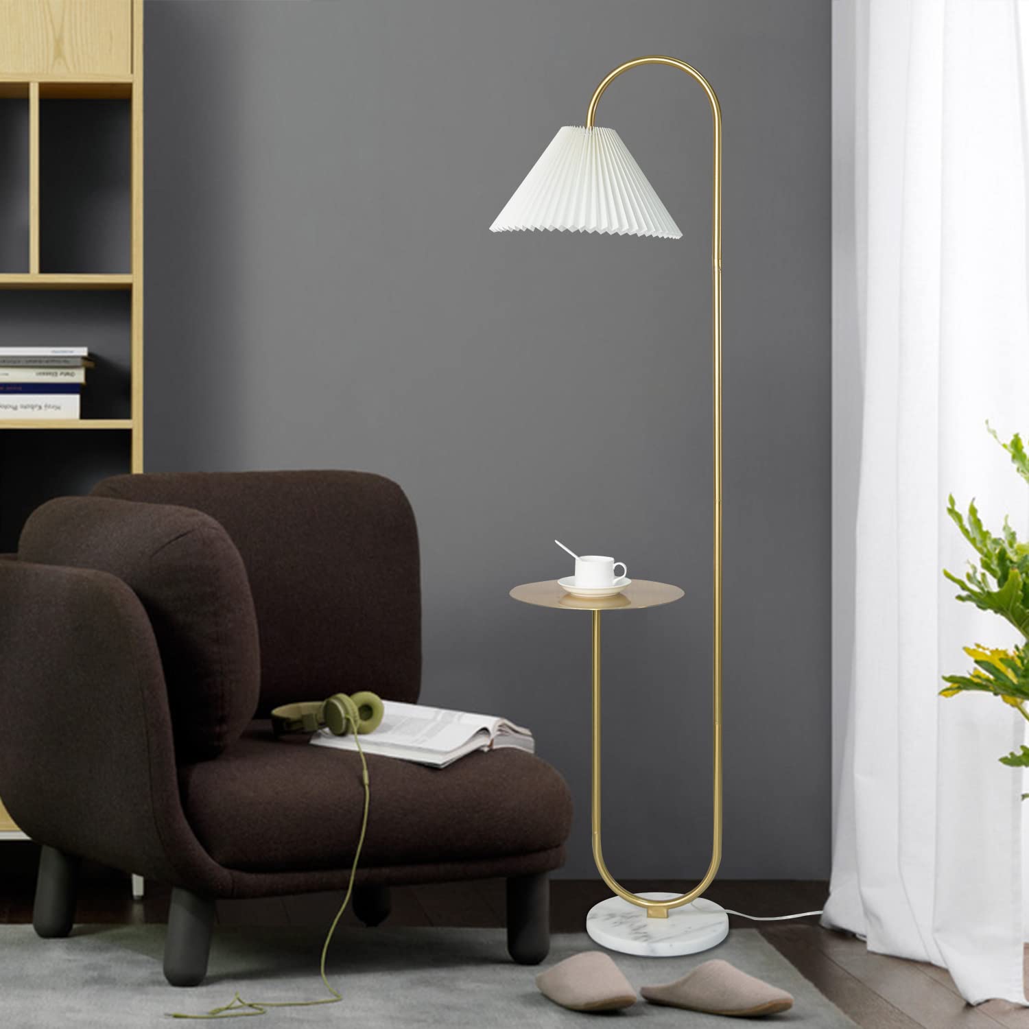 Beaysyty Modern Elegant With Tray Floor Lamp For Office Cafe Den Living Room Bedroom, Foot Switch And Brass/Gold Finish,Light Ye