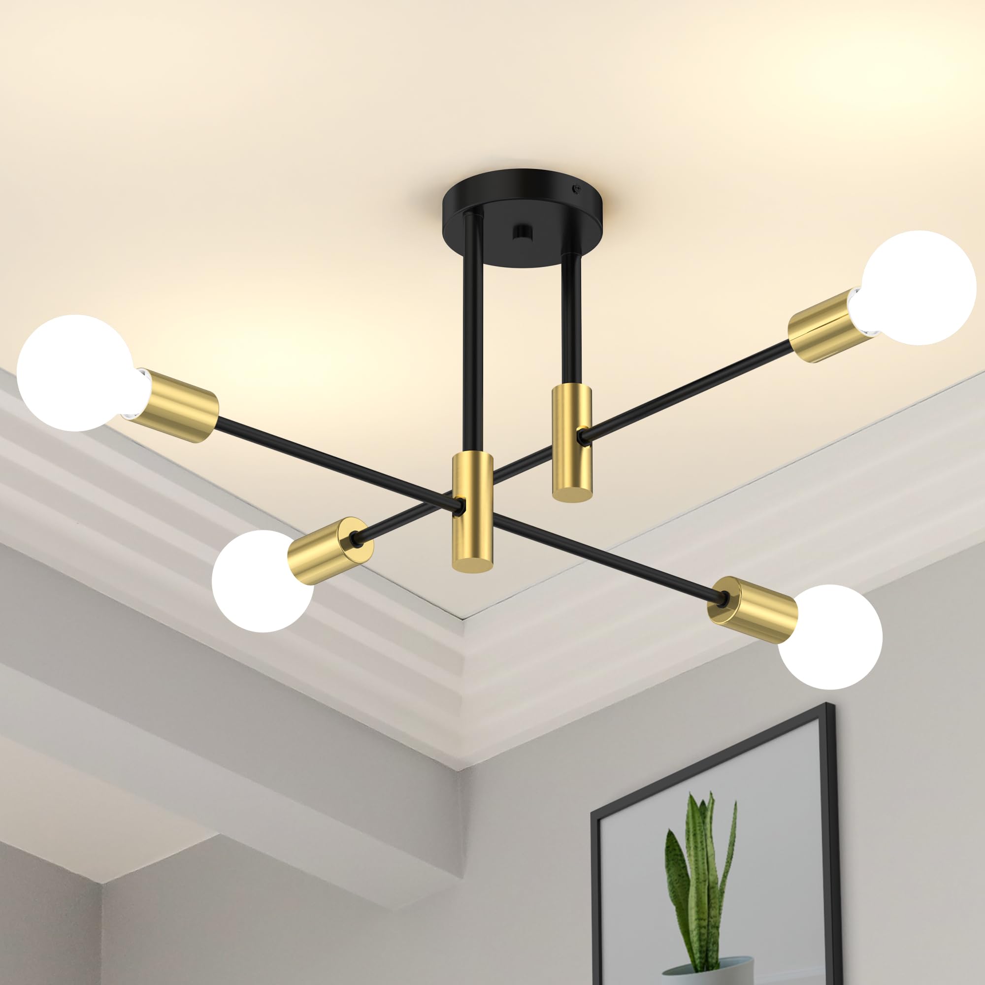 Phaosio Modern Sputnik Chandelier Ceiling Light Fixtures  4-Lights Mid Century Industrial Metal Semi Flush Mount for Dining Room  Bedroom  Living Room-Black and Gold