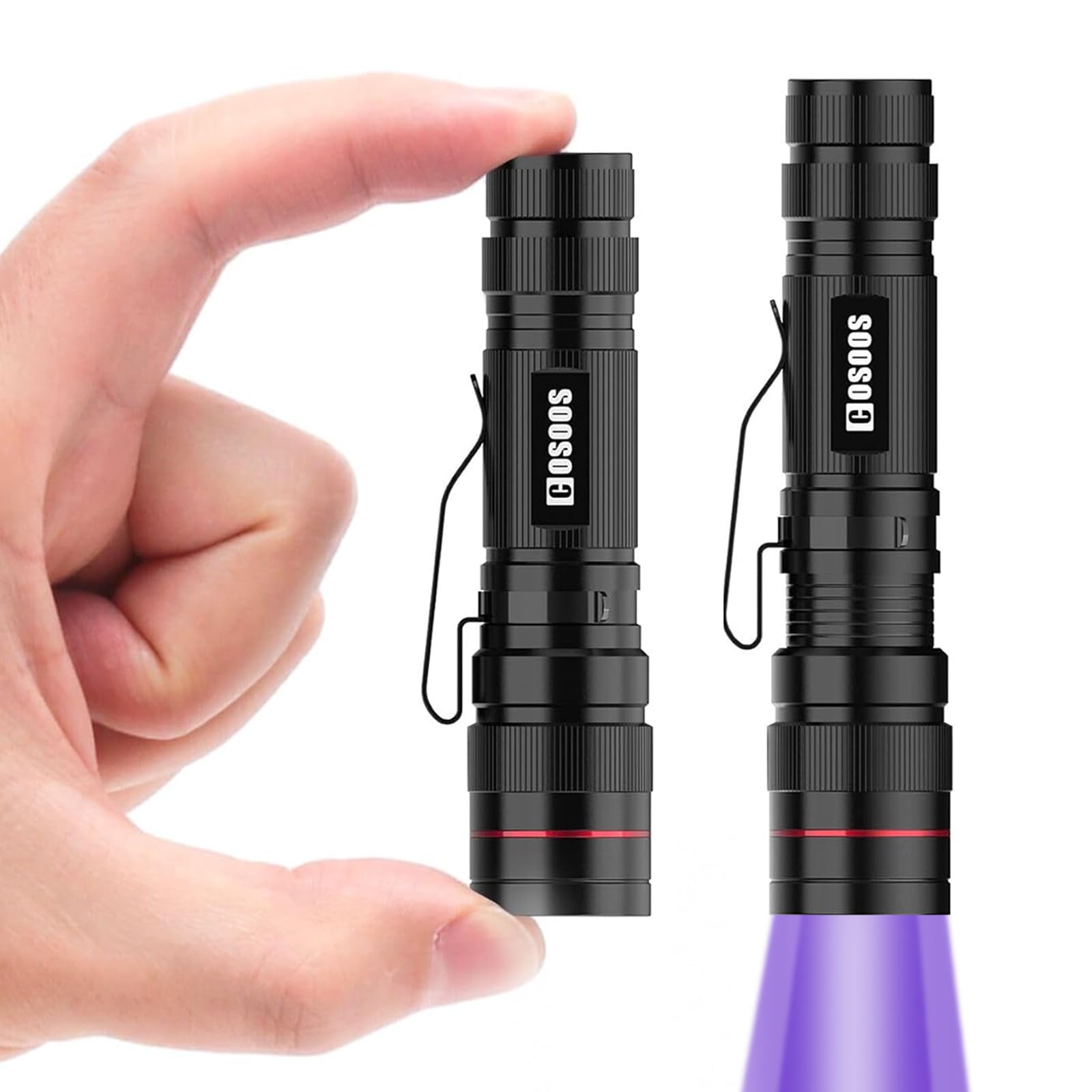 COSOOS UV Flashlight 2 Pack, 395nm Mini Black Light, Zoomable Torch, 3.7inch, Black, Model S7