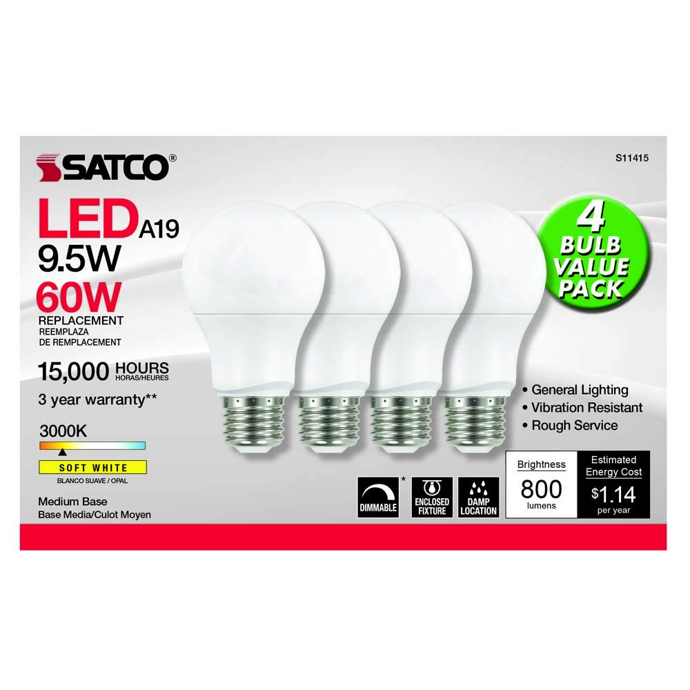 Satco A19 LED Replacement Lamp, 9.5W, Frosted Finish, 3000K, 4 Count, Model S11415
