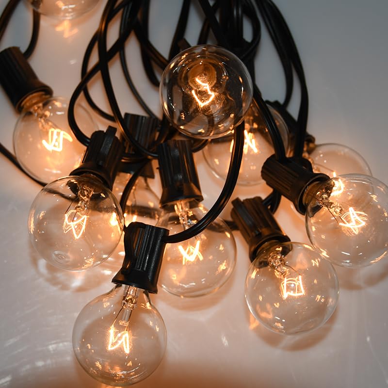 SUNSGNE Outdoor Globe String Lights, 50ft, 53 Bulbs, Black, Connectable, Commercial Hanging Lights for Patio, Christmas, Wedding Decor