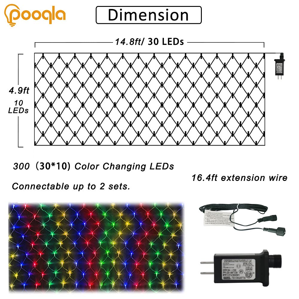 Pooqla Christmas Net Lights, 300 LED Outdoor Mesh Light 14.8x4.9 ft, Waterproof Green Wire, 8 Modes, Colorful Fairy String Decor