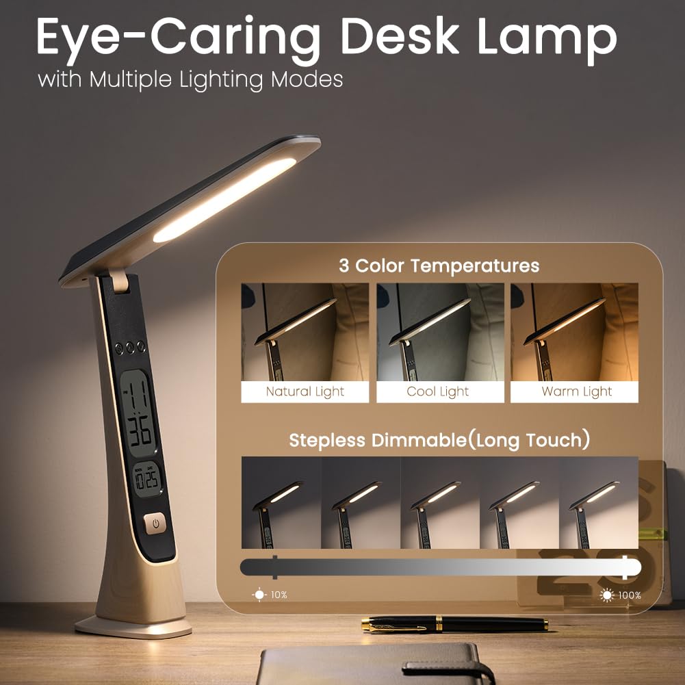 WILIT Rechargeable Cordless Table Lamp, Portable Desk Light, Stepless Brightness, U30C, Black & Natural Yellow Wood Grain, Standard Size