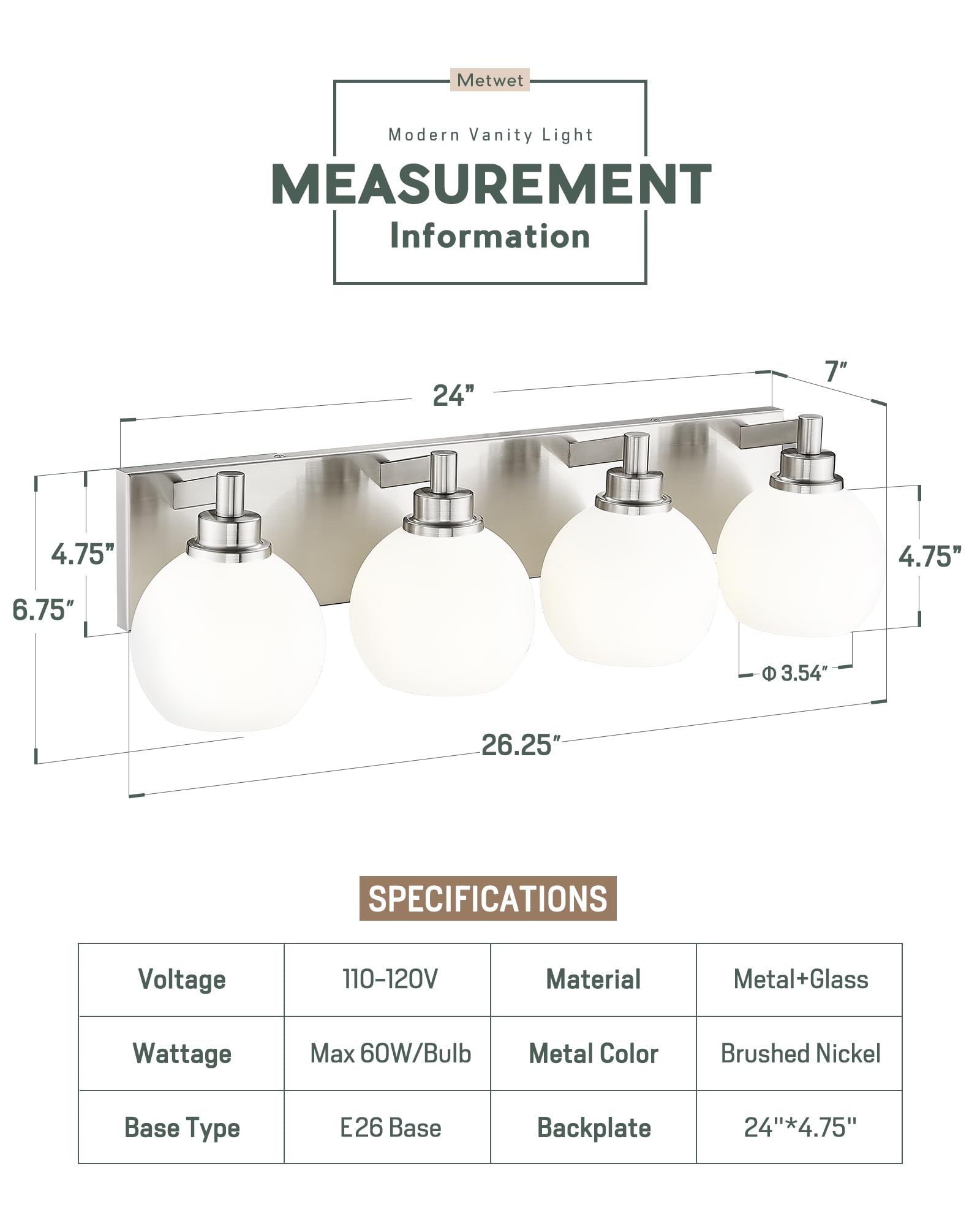 Metwet Bathroom Light Fixtures, 4 Light Brushed Nickel Vanity Light, 26 Inch Modern Wall Sconces With Globe Milk White Glass Sha