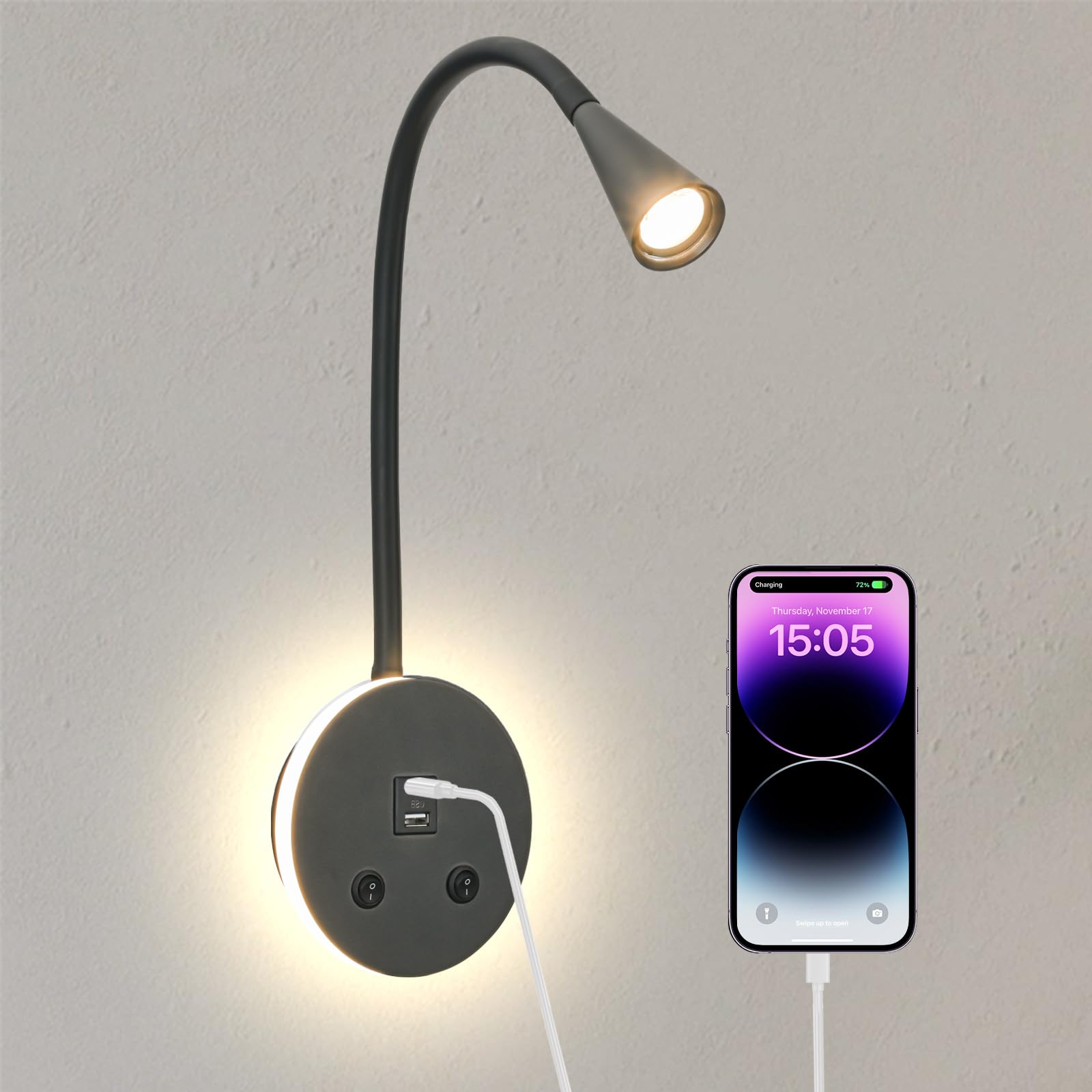 Book Lights for Reading at Night, LED Wall Mounted Reading Light, Flexible Gooseneck Wall Lamps for Bedroom, Plug in Wall Lights