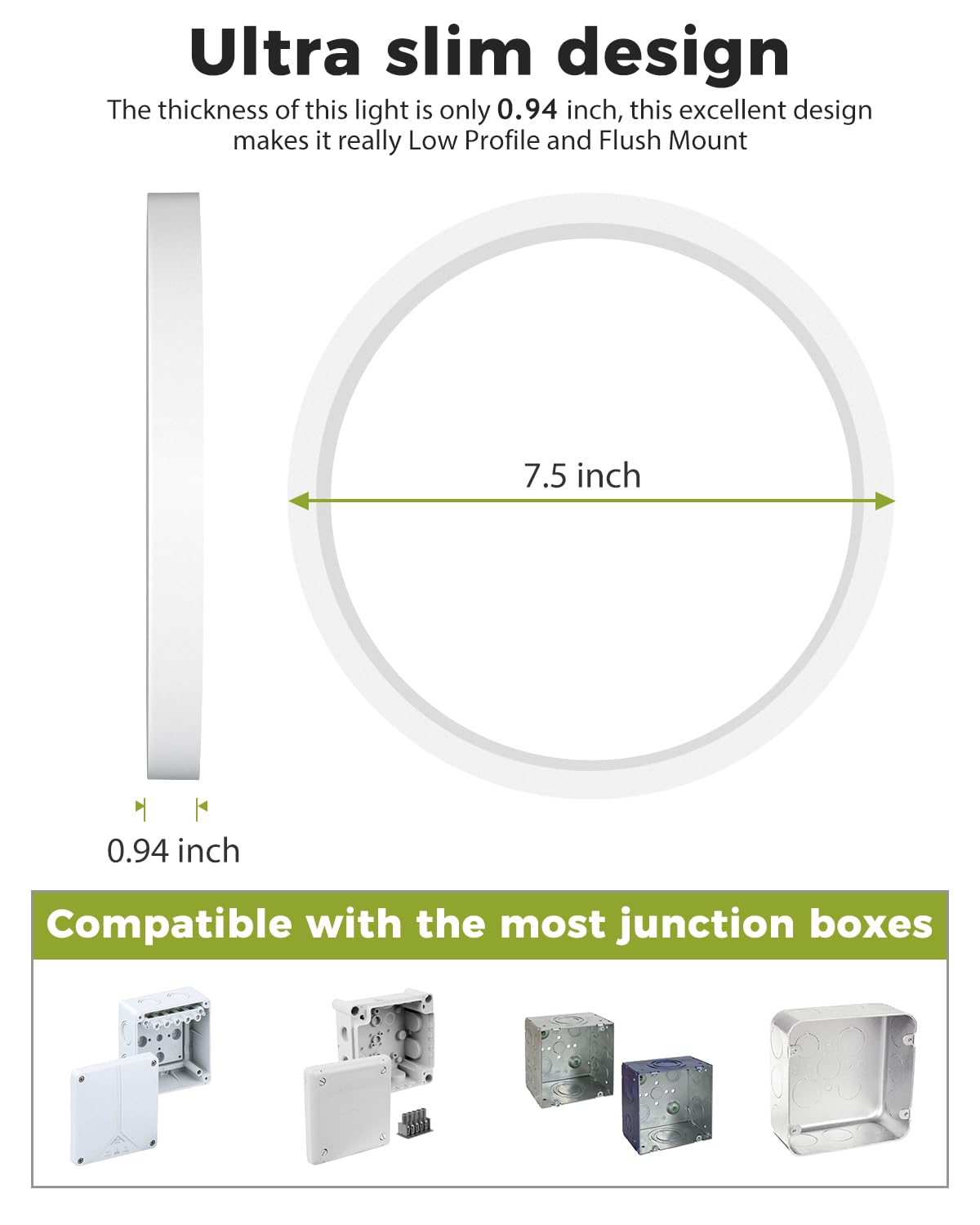 Hepside 1Pack Dimmable Flush Mount Ceiling Light Fixture White, 3Cct Selectable 3000/4000/6500K Ceiling Lamp, 7.5Inch 15W 1500Lm