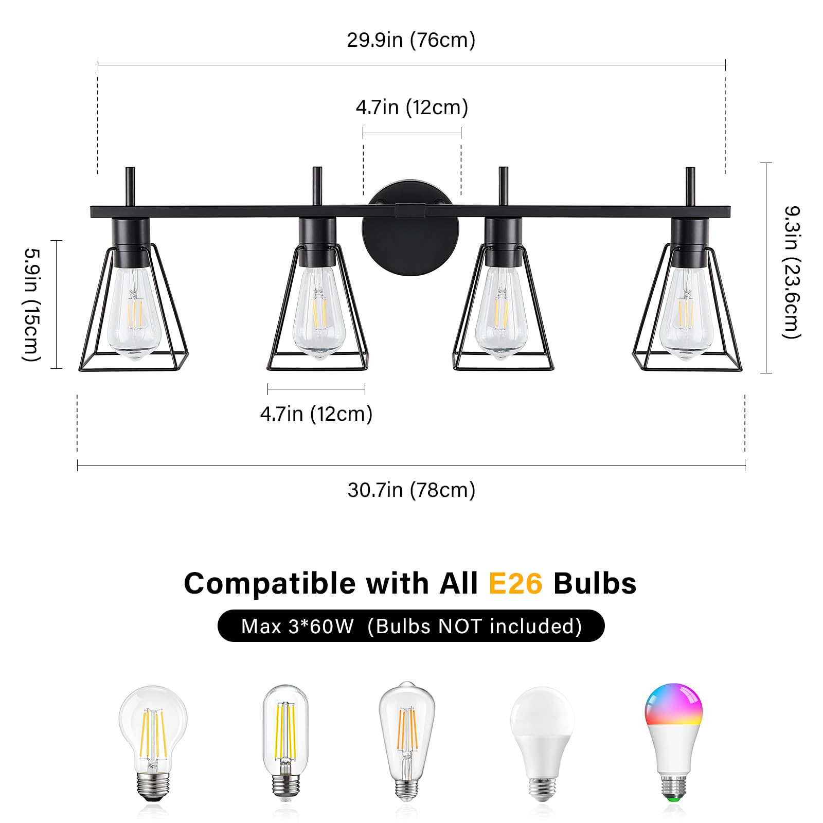 Fonmyim Farmhouse Bathroom Vanity Light Fixtures Over Mirror, Matte Black 4-Light Wall Sconce With Metal Cage, E26 Socket (Bulbs