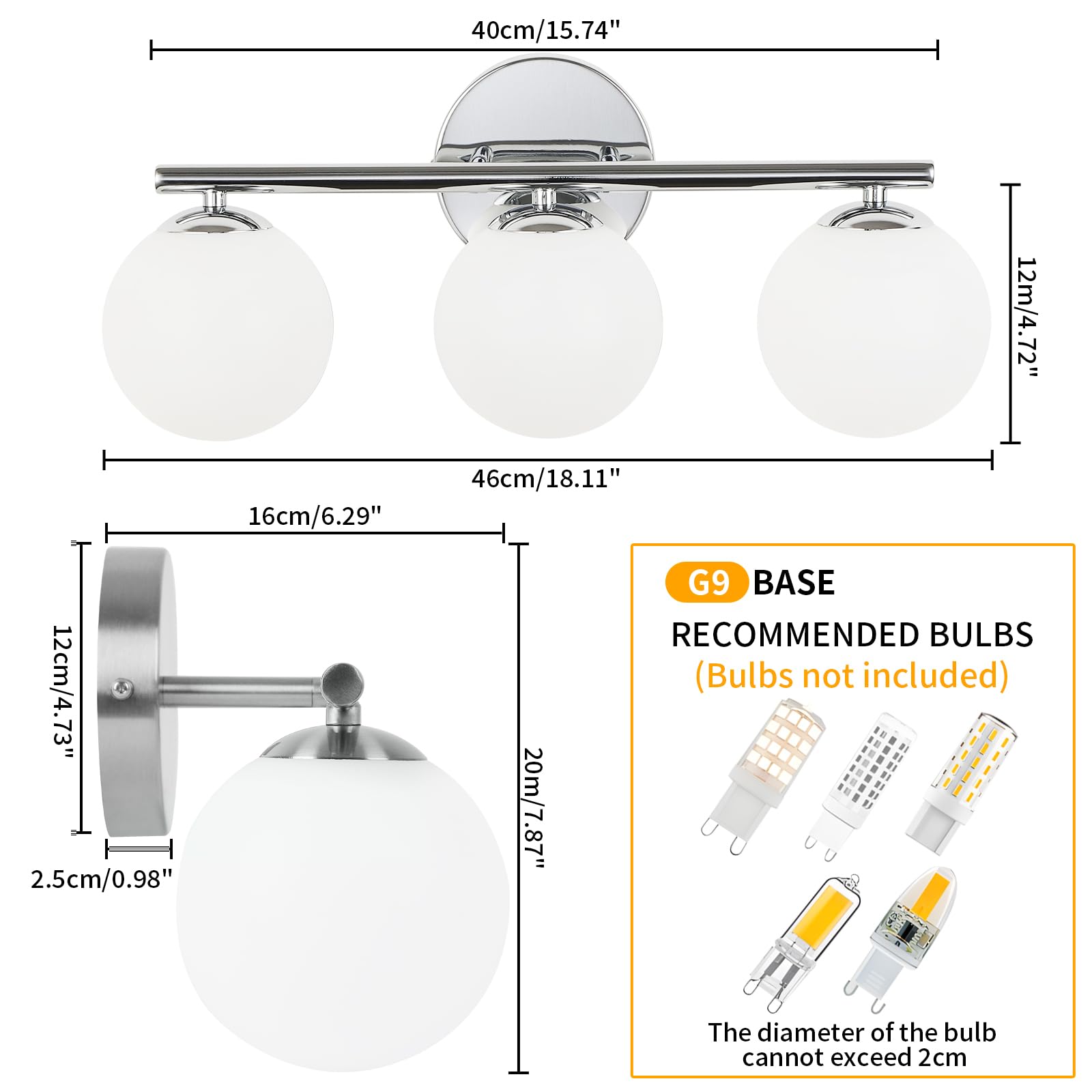 foucasal Chrome Globe Bathroom Light Fixtures, 3-Light Vanity Sconce, 11.81" Metal & Plastic Shades, Model ULYQBD47-3D