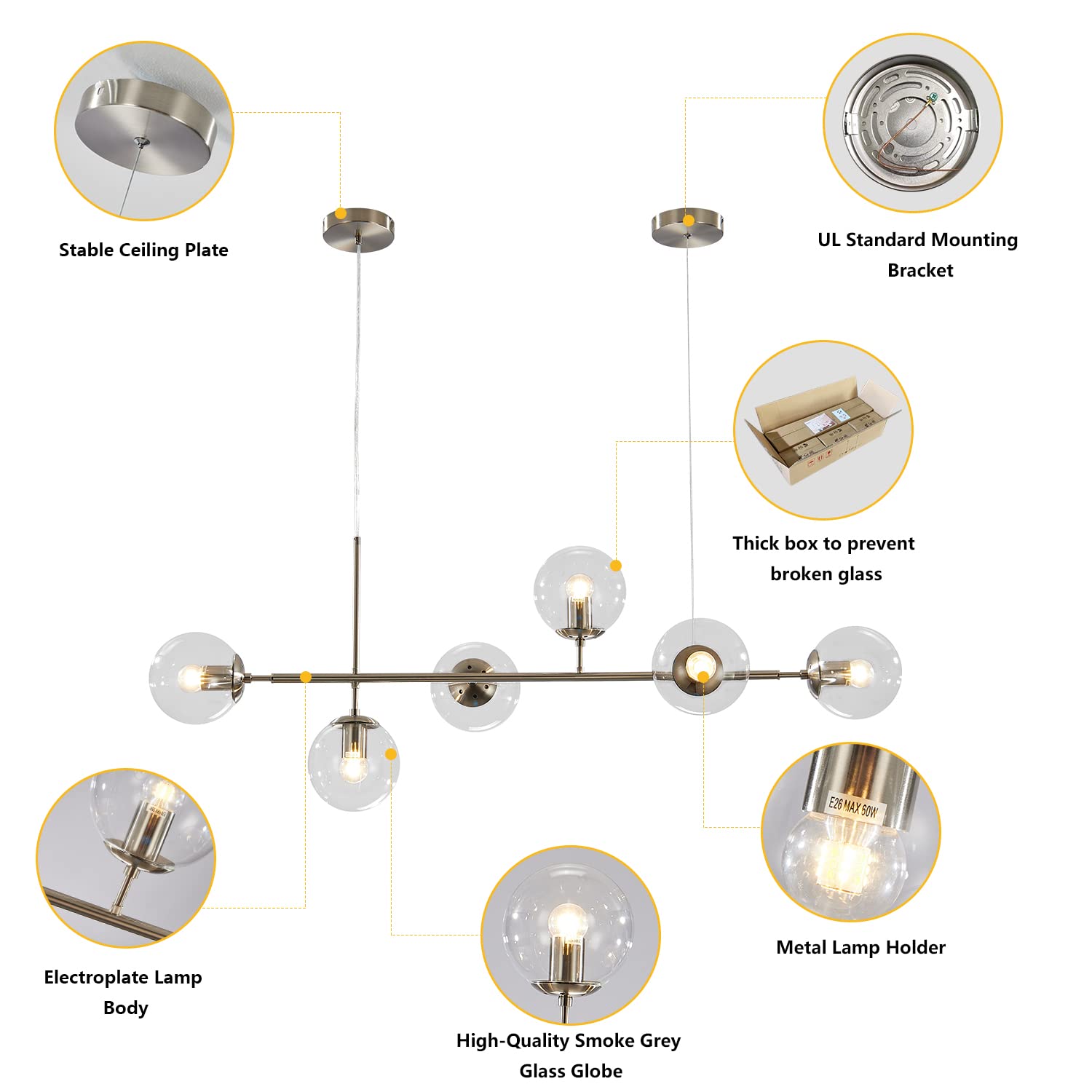 KCO Modern Ceiling Pendant Light, 6-Light Adjustable Chandelier, Mid-Century Glass Globes, Silver+Clear