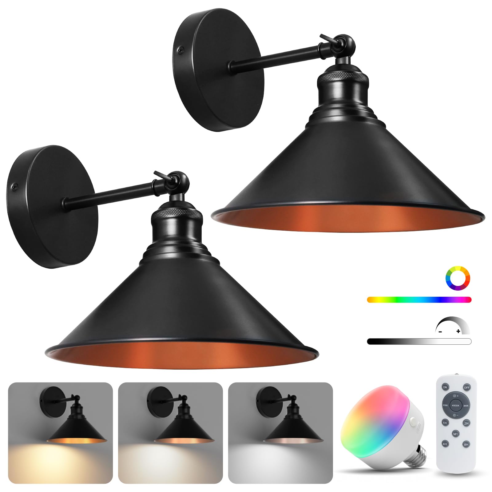 Niorsun Vintage Battery Operated Wall Sconce Set Of 2, Black Wireless Rechargeable Wall Lights With 5200Mah Dimmable Detachable