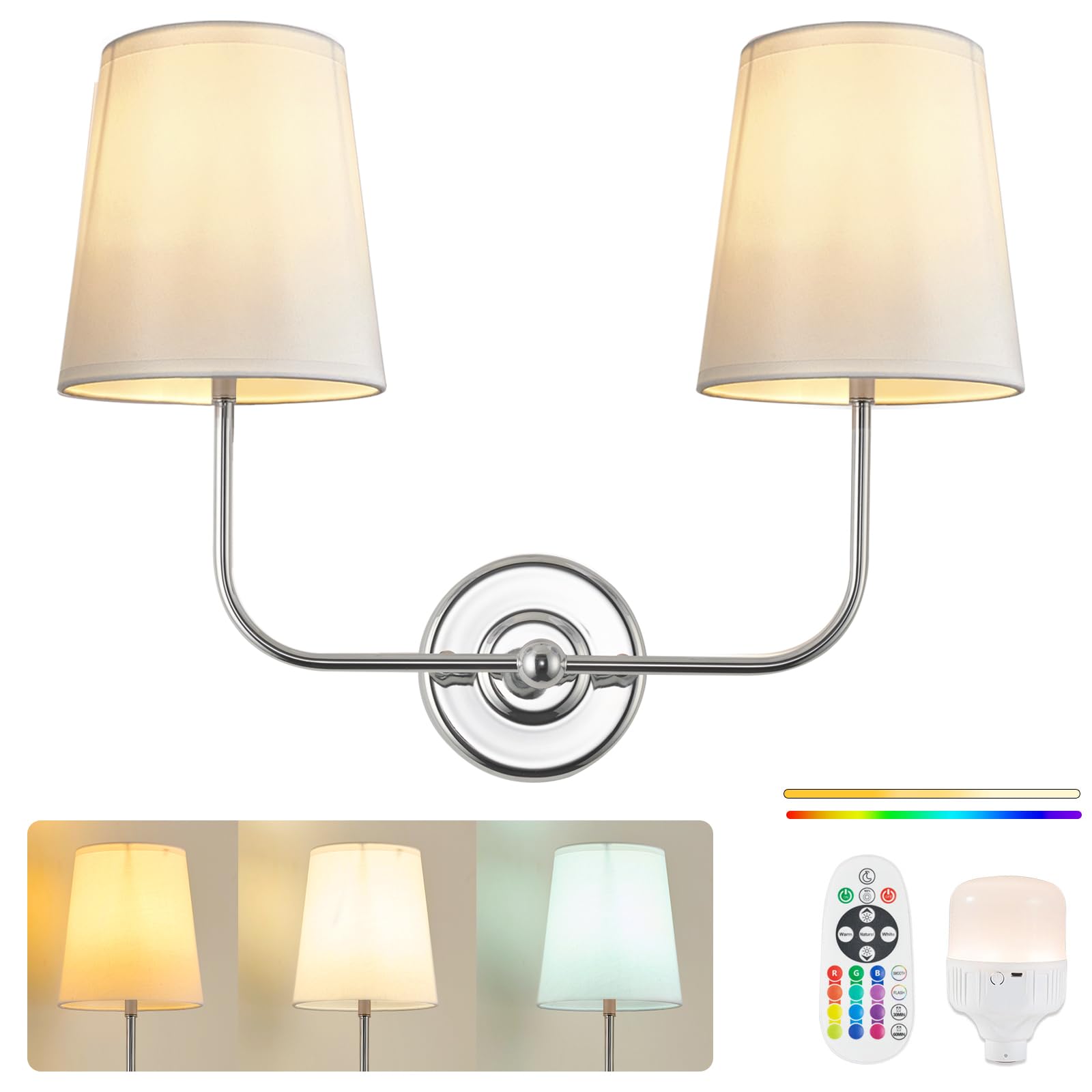 PASSICA DECOR Wall Sconce, 2 Lights, Wireless, Dimmable, Rechargeable, Polished Chrome, Model CA7010-05