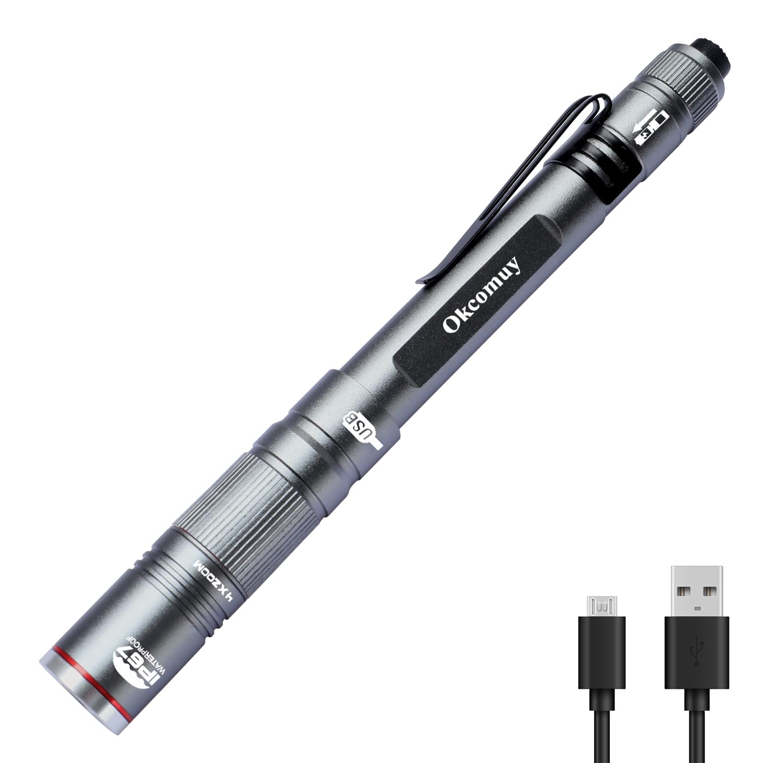 okcomuy Rechargeable Pen Light Flashlight, IP67 Waterproof, Aluminum, Dark Grey, Model PL-9266, 1 Pack