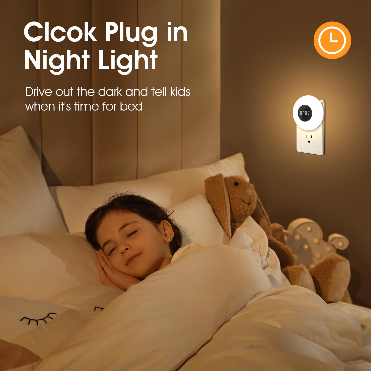 One Fire Kids' Nightlights with Clock & Remote, 3 Color Dimmable, Auto Timer, Plug-in, White, 1 PCS for Bathroom & Toilet