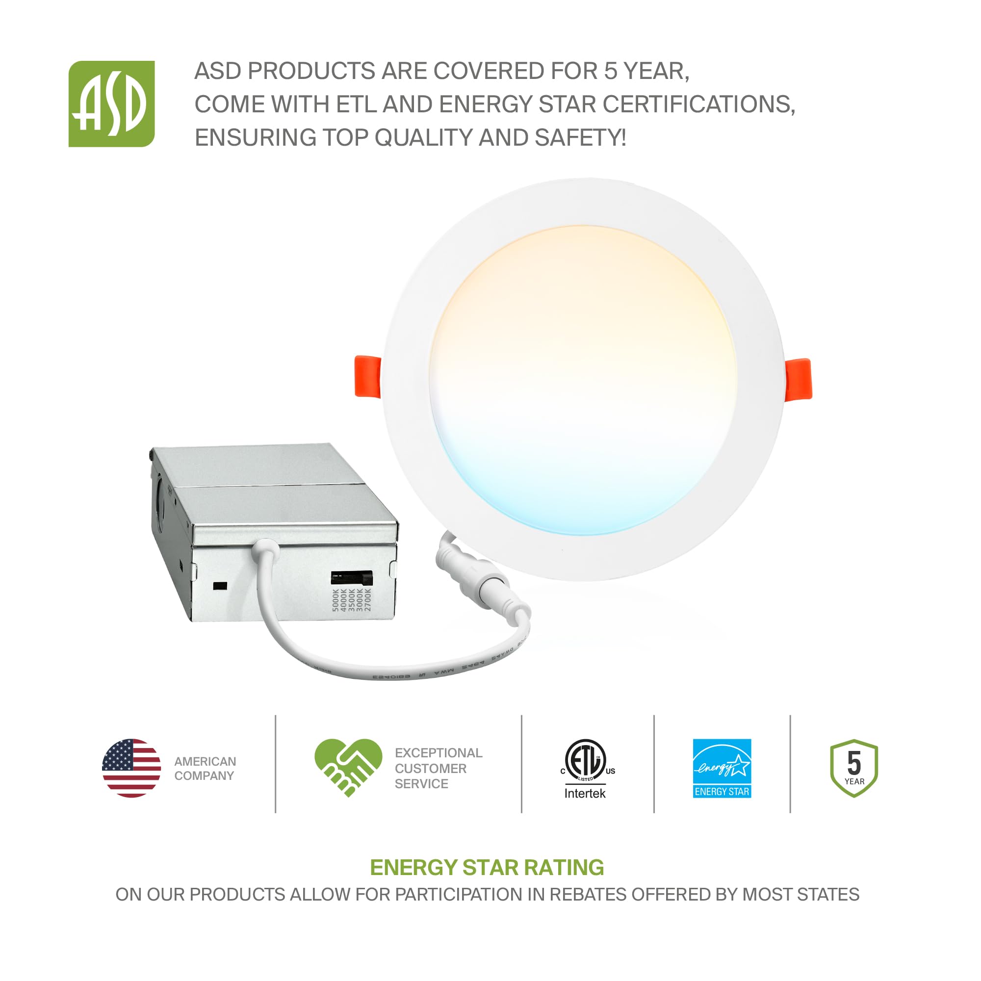 Asd 6 Pack Led Recessed Lighting 6 Inch 15W  5 Cct 2700K-5000K Cri90+  Ic Rated Ultra Thin Dimmable Ceiling Lights With J Box  Canless Wafer Downlight  Round Slim Panel Light  Energy Star Etl  White