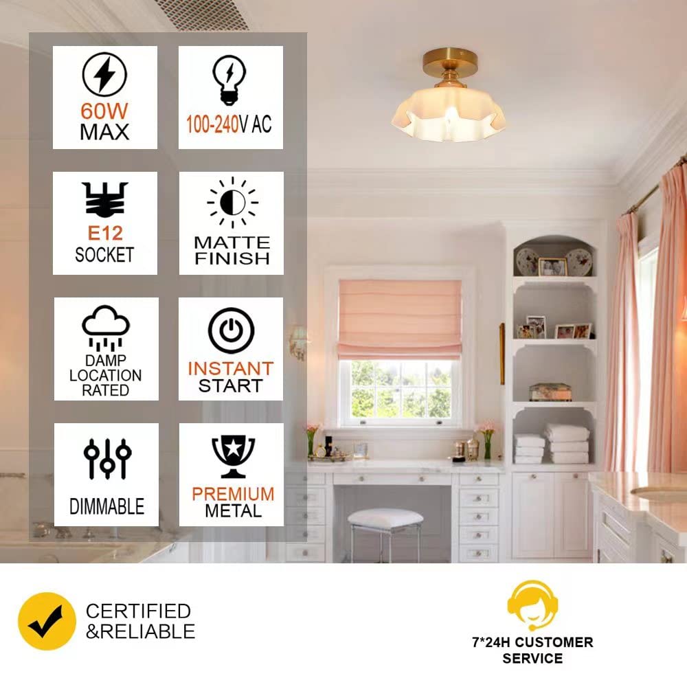 Dsmjfu Vintage Pink Ceiling Light, Brass Pink Flush Mount Ceiling Light, Porch Ceiling Light Fixtures, Glass Small Semi Flush Mo