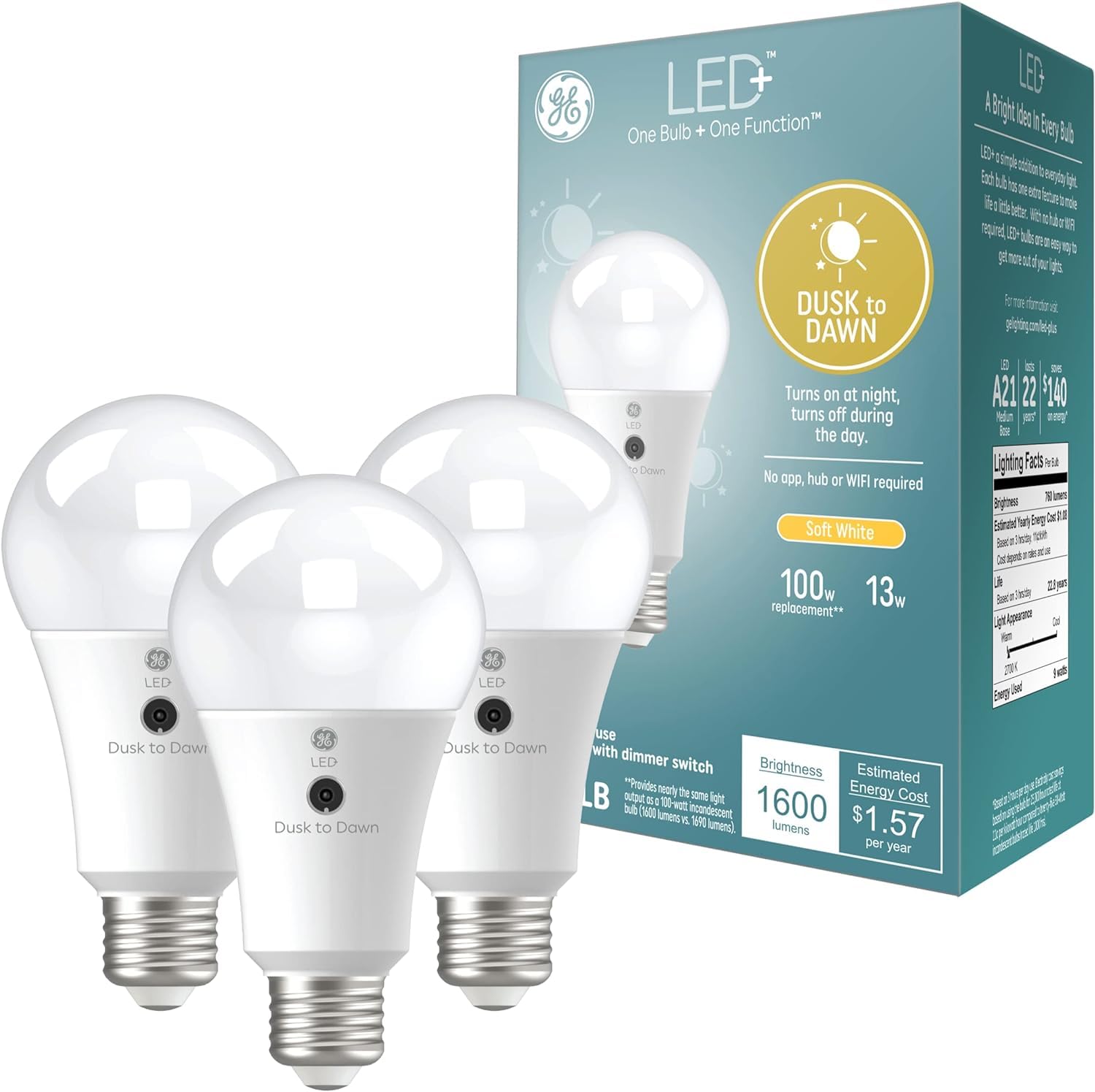 Ge Led+ Dusk To Dawn A21 Led Light Bulbs, Automatic On/Off Outdoor Light, Soft White, 13W (3 Pack)