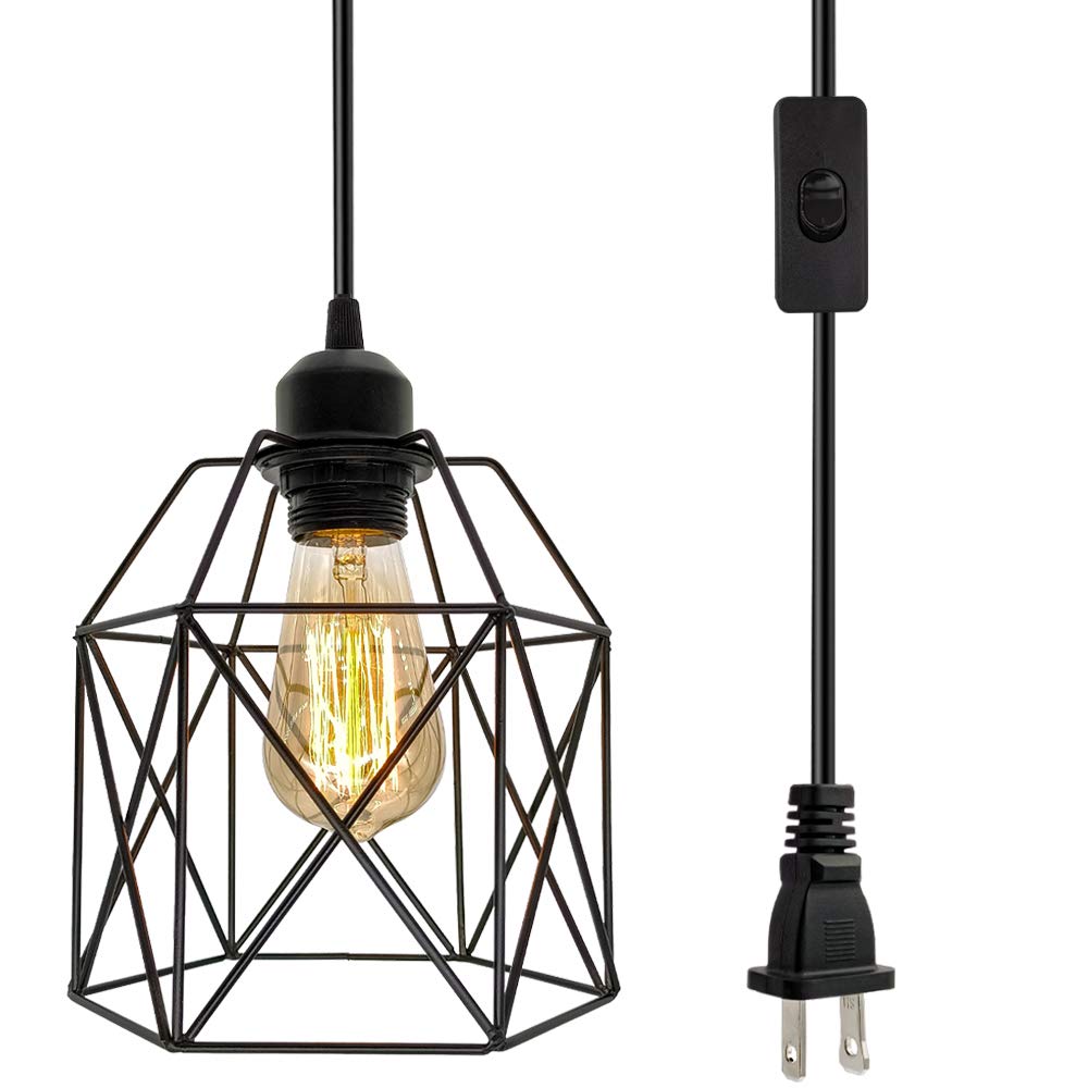 Industrial Plug in Pendant Light, Black Cage Pendant Light Fixture with On/Off Switch, E26 Socket Vintage Hanging Light, Farmhou