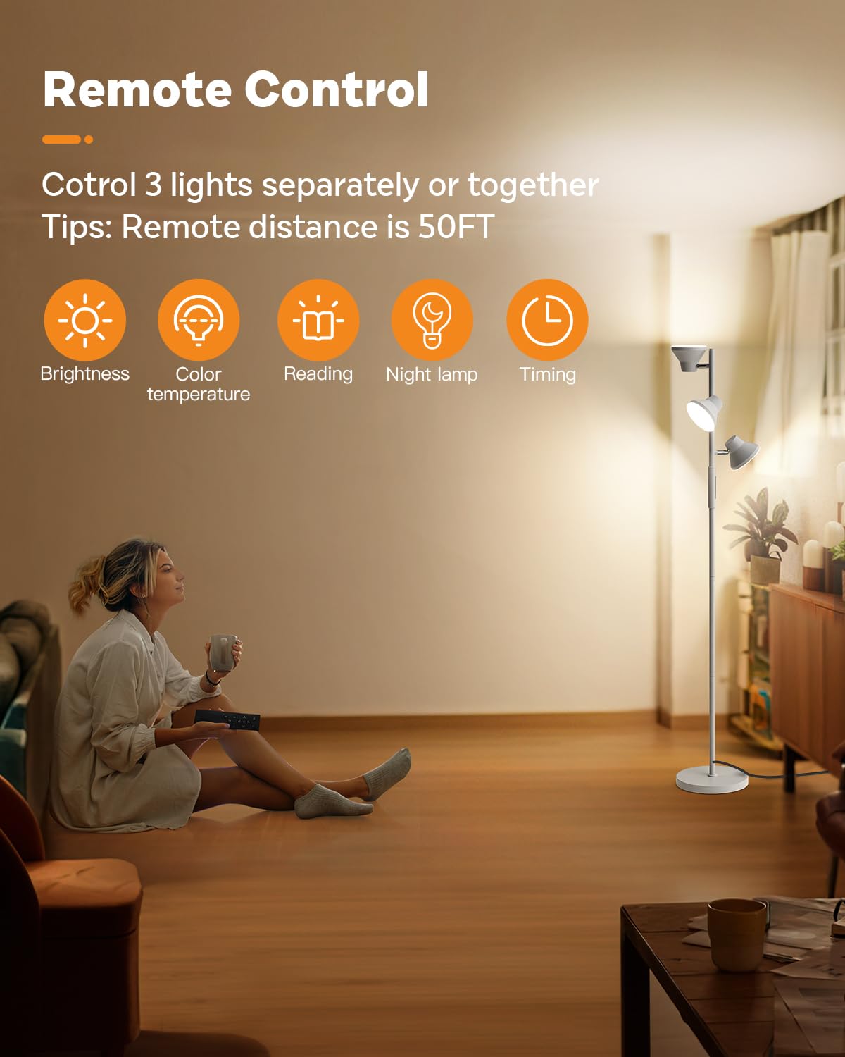 Sibrille Led Tree Floor Lamp Silver, 36W Super Bright Standing Lamp With Remote Control, 4 Color Temperatures, 3 Rotatable Led L