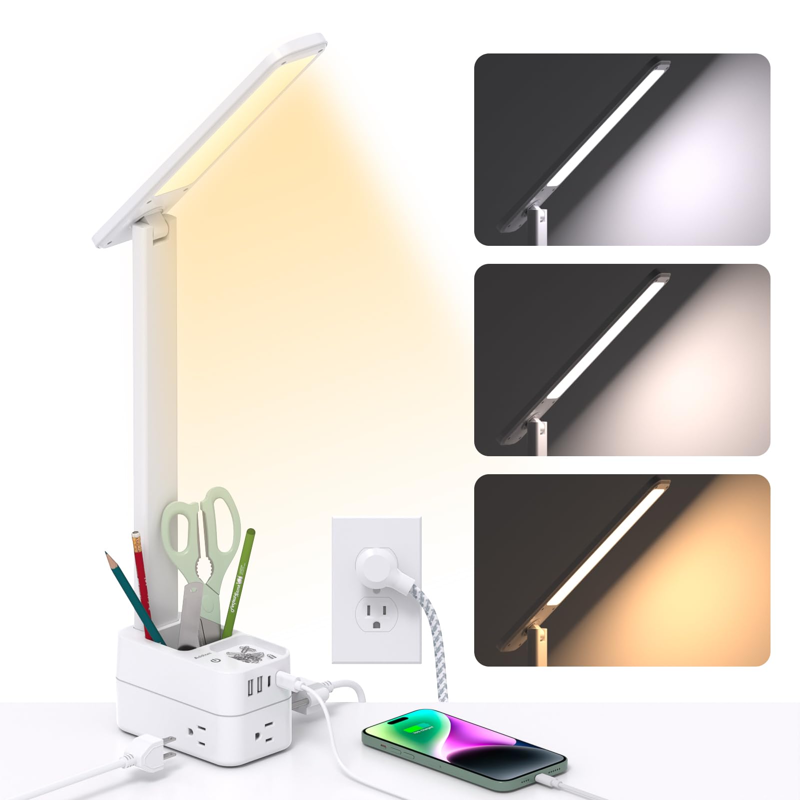 Addtam Led Desk Lamp With Pen Holder, Study Lamps With 3 Outlets 4 Usb Charging Ports(2 Usbc), 3 Color Modes Desk Light Touch La