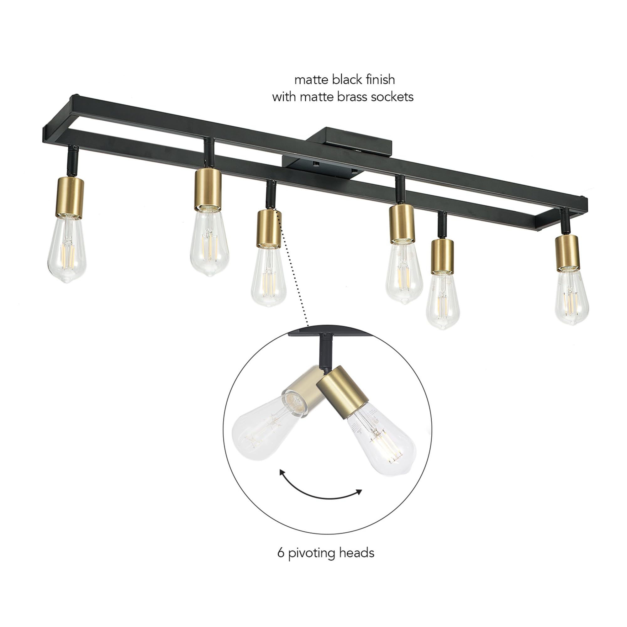 Globe Electric 64000096 36'' 6-Light Track Lighting, Matte Black, Matte Brass Pivot Sockets, Ceiling Lamp For Bedroom, Kitchen,