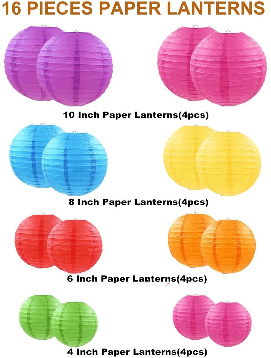 Famolay 16 Pcs Multicolor Paper Lanterns - 4&quot; 6&quot; 8&quot; 10&quot; Round Hanging Decorations