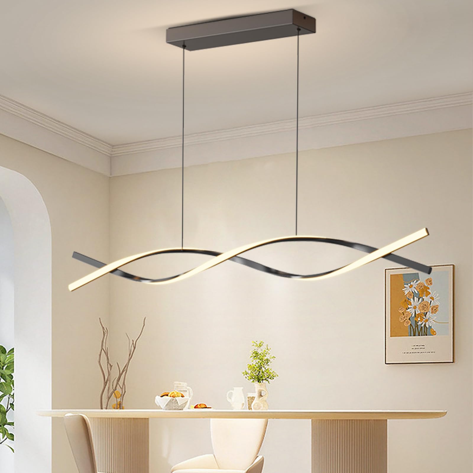 Zihoi 47in Modern Kitchen Island Pendant Light, Dimmable LED Chandelier, Black Metal, Model LX