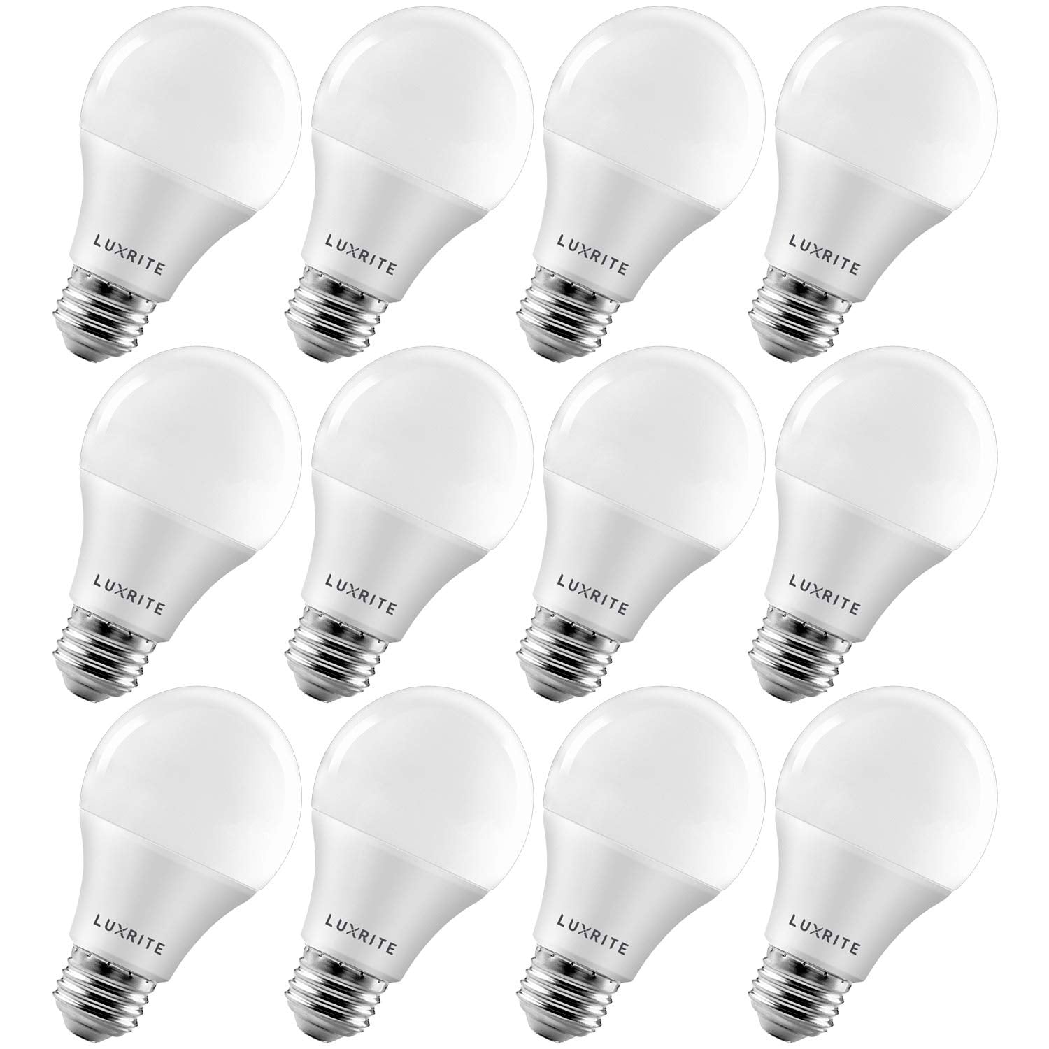 LUXRITE A19 LED Light Bulb 60W Equivalent 4000K Cool White Dimmable 800 Lumens E26 Base 12 Pack