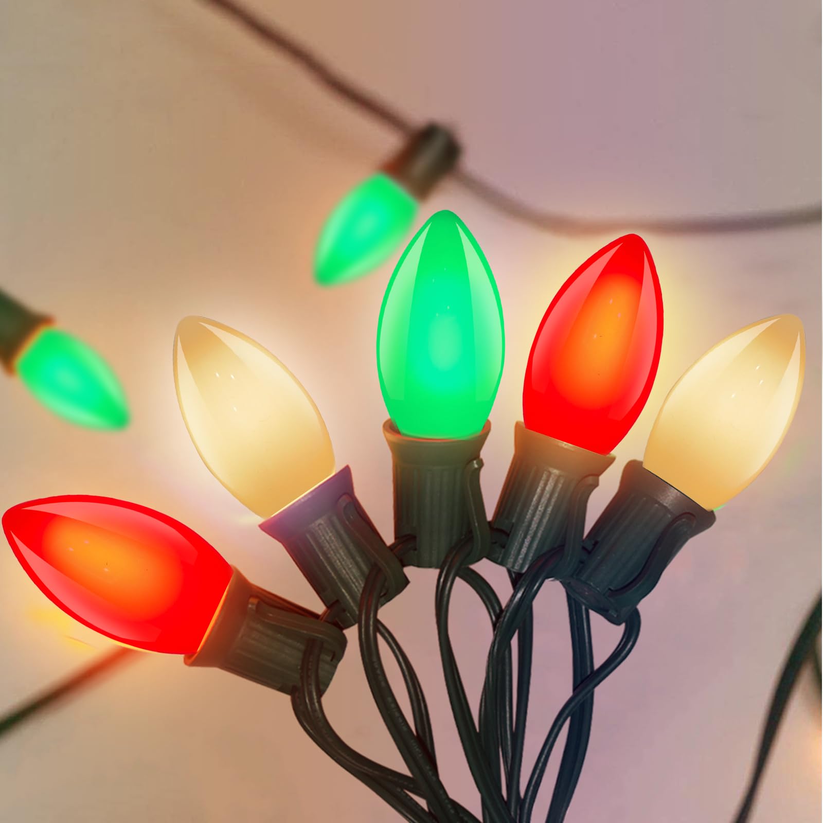 C9 Red White and Green Christmas Lights Outdoor, 25Ft Vintage Christmas Lights with 26 Multicolor Ceramic Bulbs, Hanging Christm