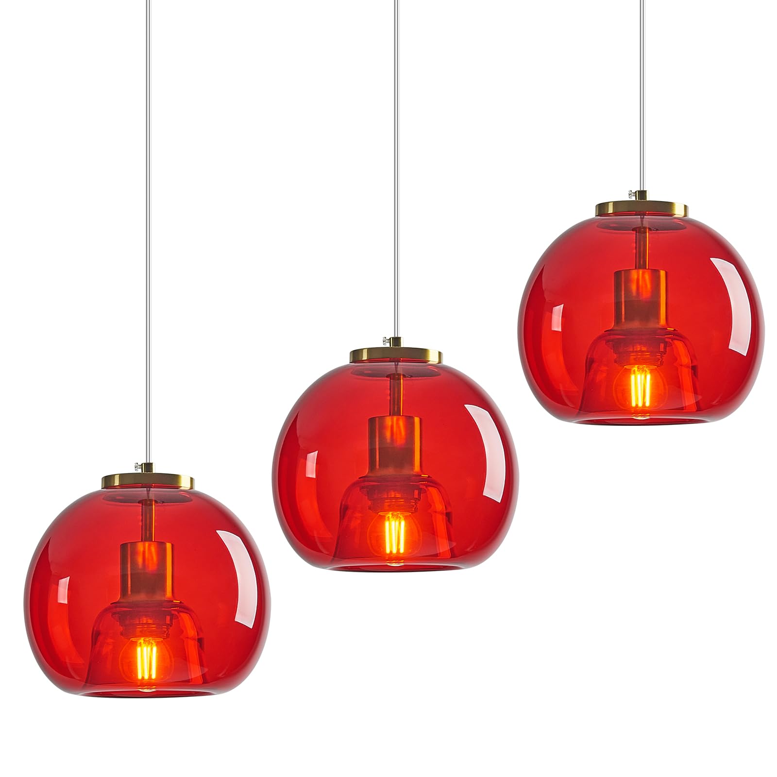 Lbsqj Red Glass Pendant Lights Kitchen Island Gold Hanging Light Fixture Glass Globe Pendant Light Modern Pendant Lighting For Kitchen Island Bedroom Dining Room (7.87  3 Pack)