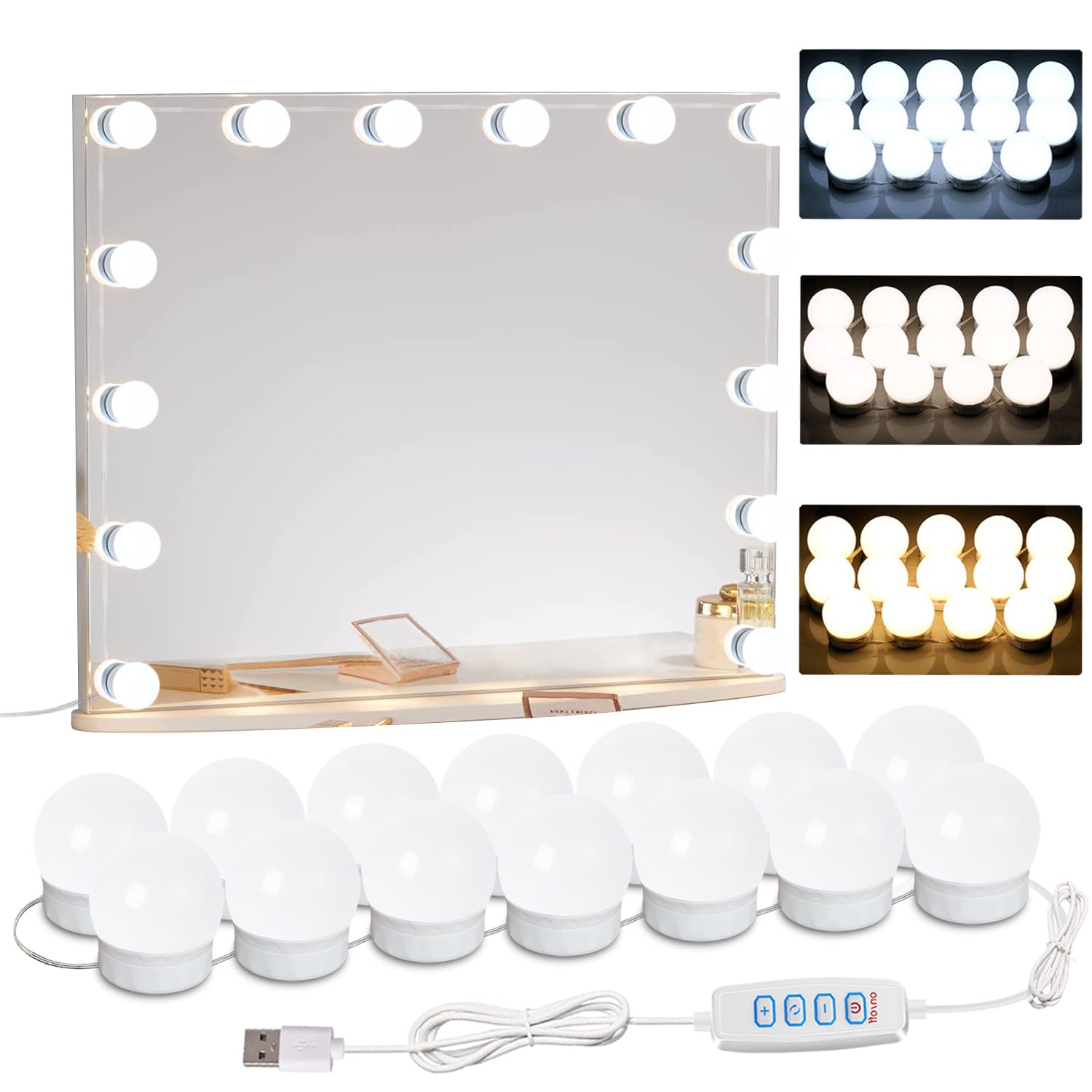 HELOIE LED Vanity Mirror Lights, 22.6ft with 14 Dimmable Bulbs, White, Model UML-14