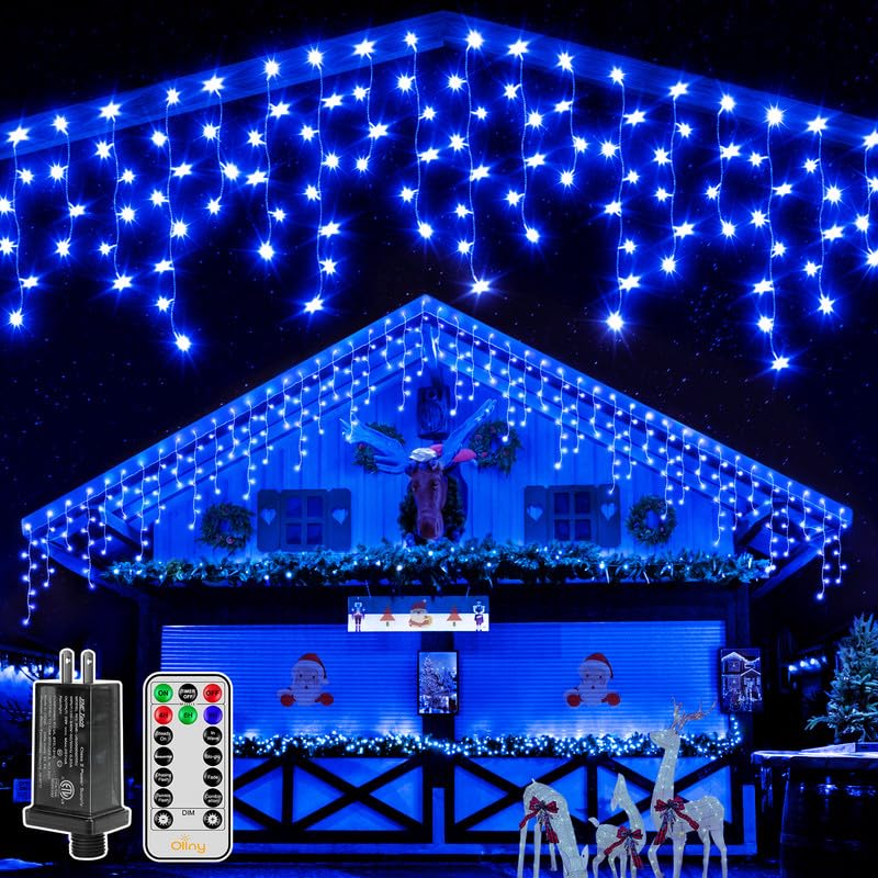 Ollny Icicle Lights for Outside 396LED 32FT, Blue Christmas Light with Remote 8Modes Timers Waterproof, Plug in Connectable Hang