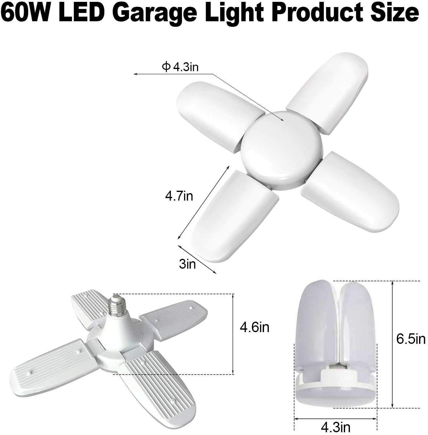 Yiamia 6000Lm 60W Deformable Led Garage Lights - White Ceiling Lighting For Workshop, Barn, Warehouse