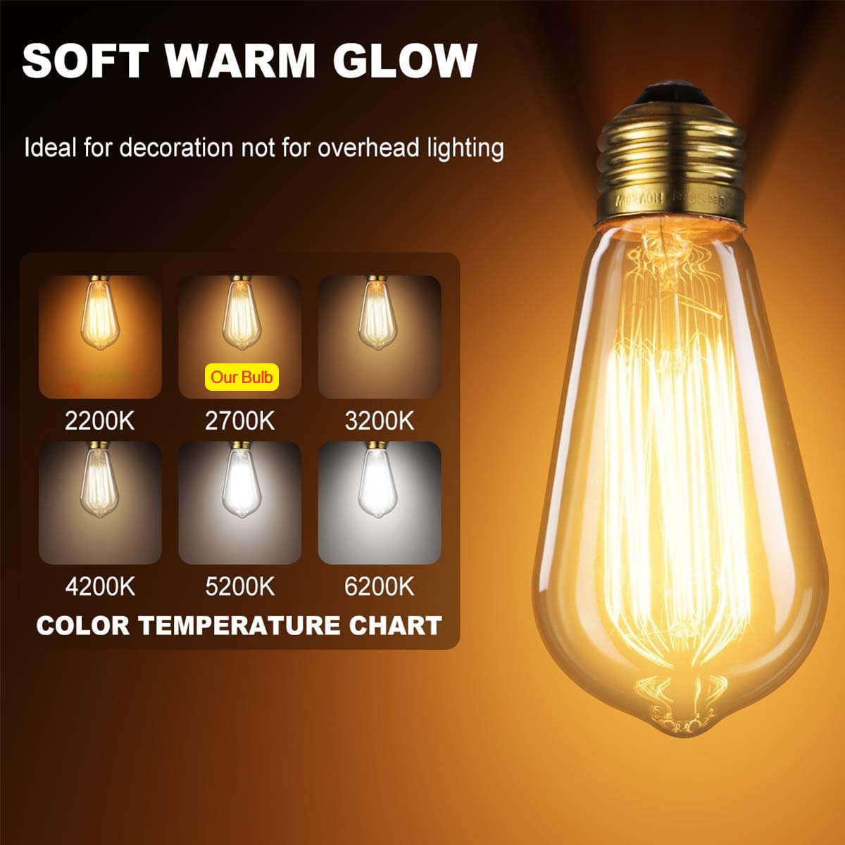 Hession St64 Edison Bulbs, E26 Base 110V-40W 4-Pack 2700K Vintage Light Bulb, Amber Glass Warm Light Dimmable Decorative Bulbs For Livingroom Kitchen Table Light Etc.