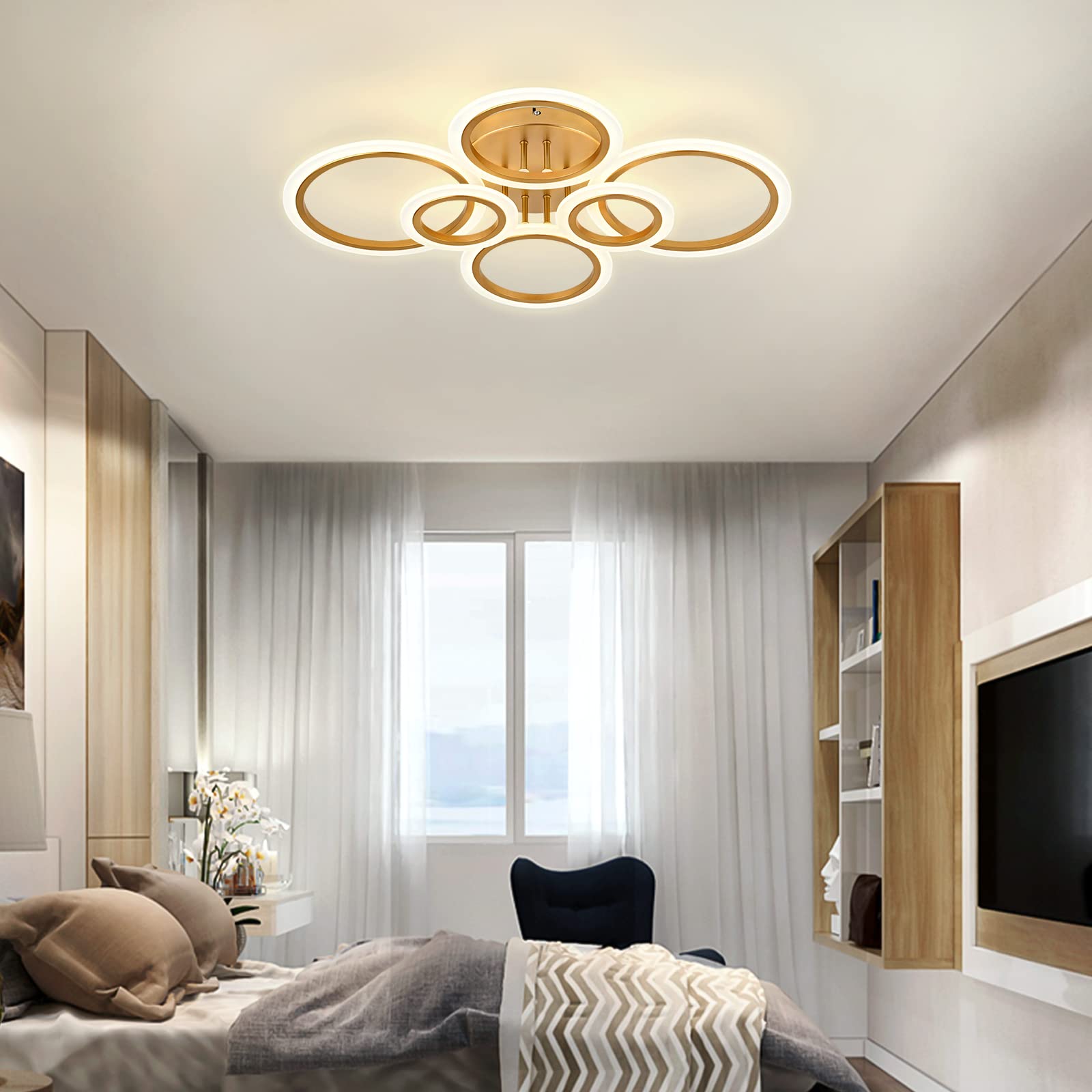 Vikaey Modern Led Flush Mount Ceiling Light, 6 Rings Gold Close To Ceiling Light, Lighting Fixture Ceiling Lamp For Kitchen, Living Room, Bedroom, Laundry Room, 4000K Not Dimmable