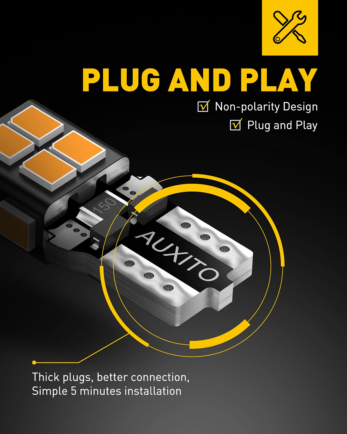 Auxito 194 Led Light Bulb Amber Yellow 168 2825 W5W T10 Wedge 14-Smd Led Replacement Bulbs For Car Dome Map Door Courtesy License Plate Lights, Pack Of 10