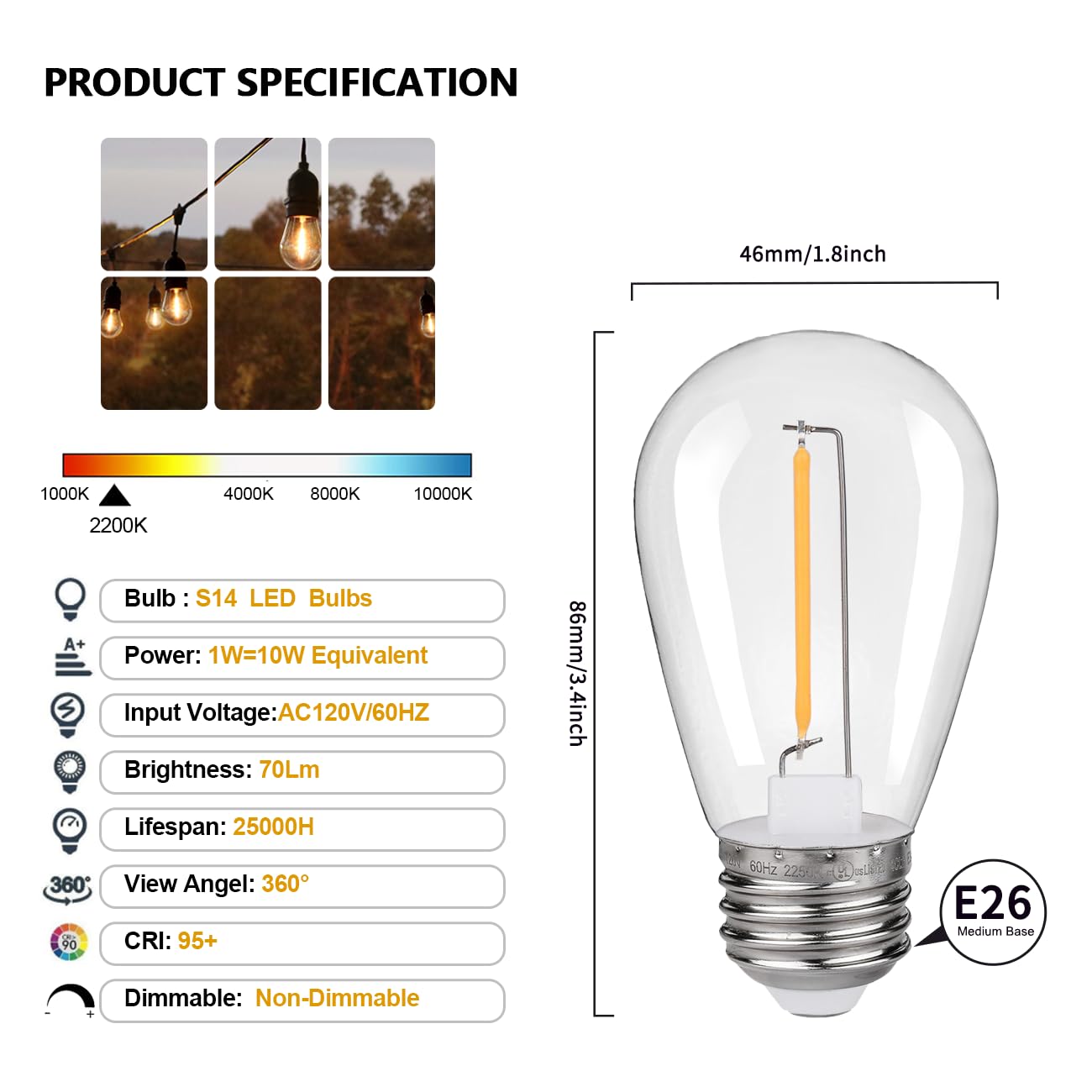 Kgc 30 Pack Shatterproof & Waterproof S14 Replacement Led Light Bulbs -1W Equivalent To 10W, White Warm 2200K Outdoor String Lig