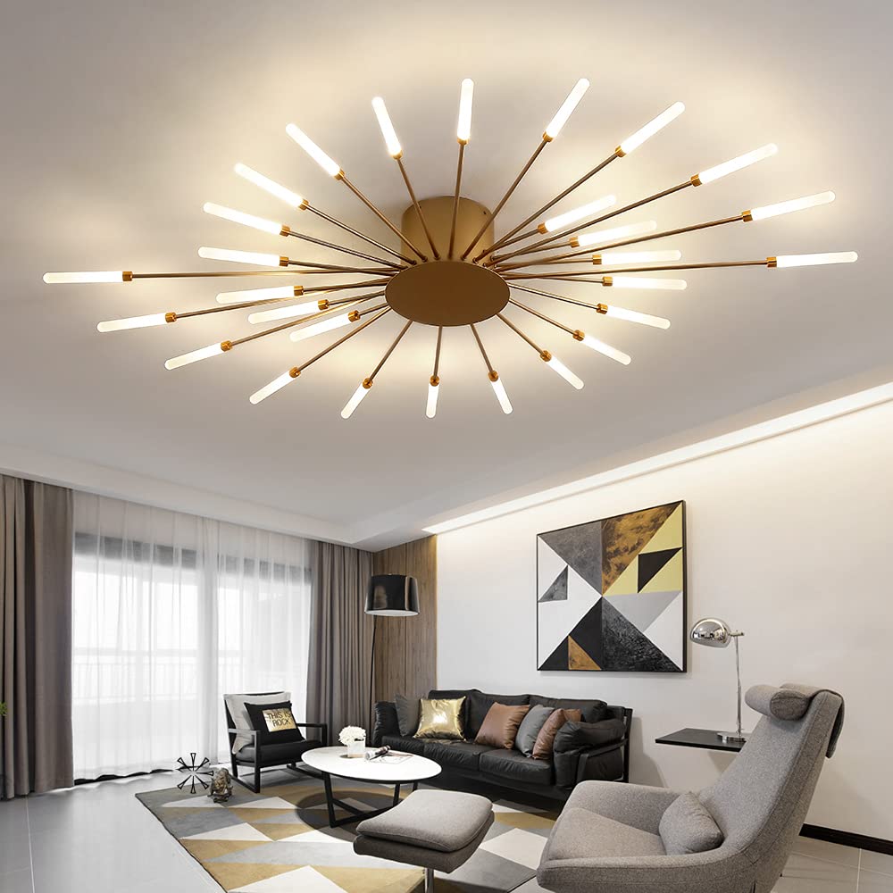 JAYMP Ceiling Light Modern Flower Shape Ceiling Lamp for Dining Room Kitchen Hallway Flush Mount Metal Acrylic Sputnik Firework Petal LED Lighting Fixture (Matte Gold, 28 Lights)
