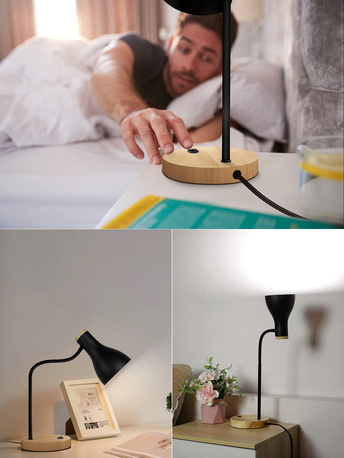 Metal Desk Lamp Table Lamp Reading Lights Arc Desk Lamps For Bedroom, Wood Base Bedside Lamp With Flexible Gooseneck For Study R