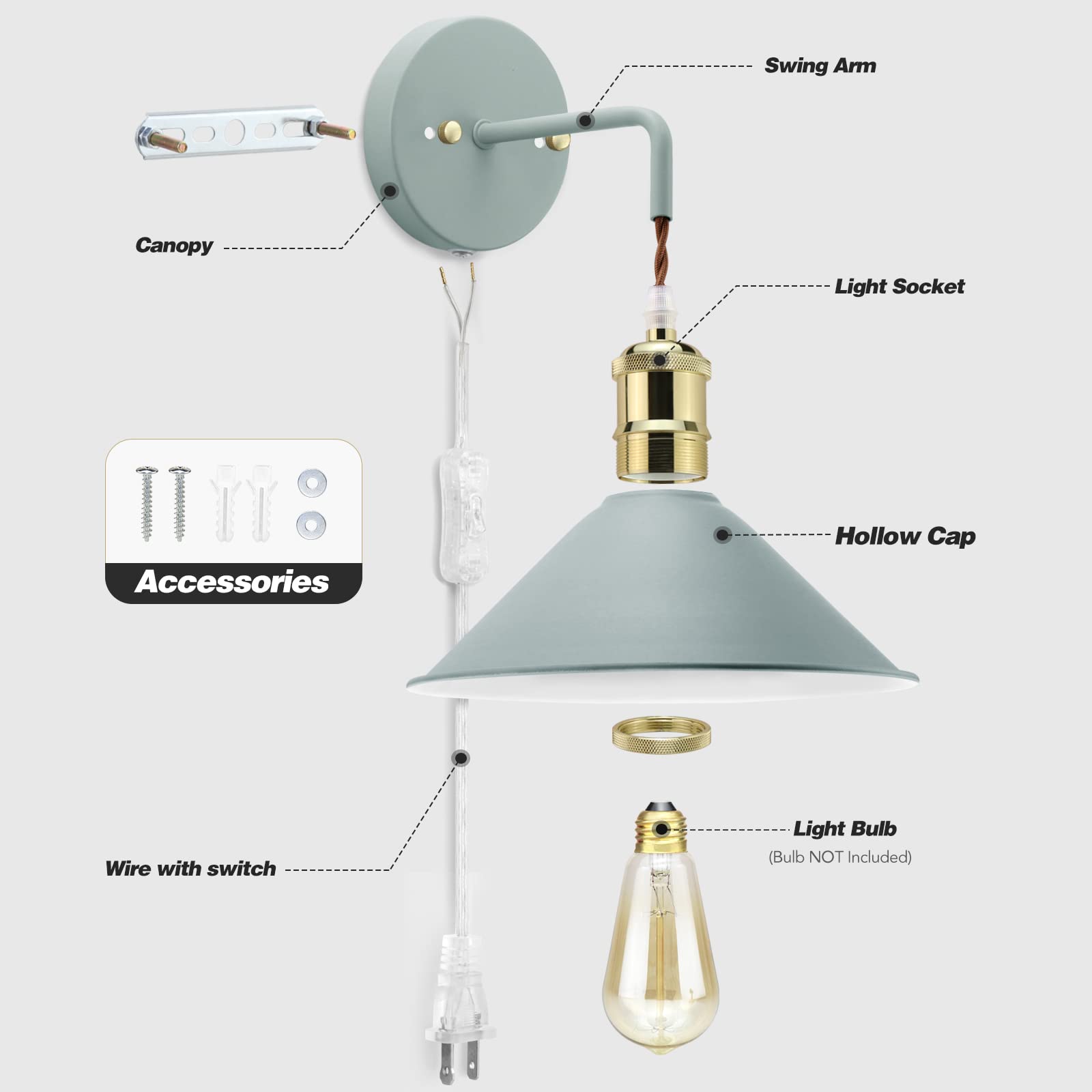 Kewanno Blue Plug-In Wall Sconces, 2-Pack Modern E26 Light Fixtures For Home Lighting