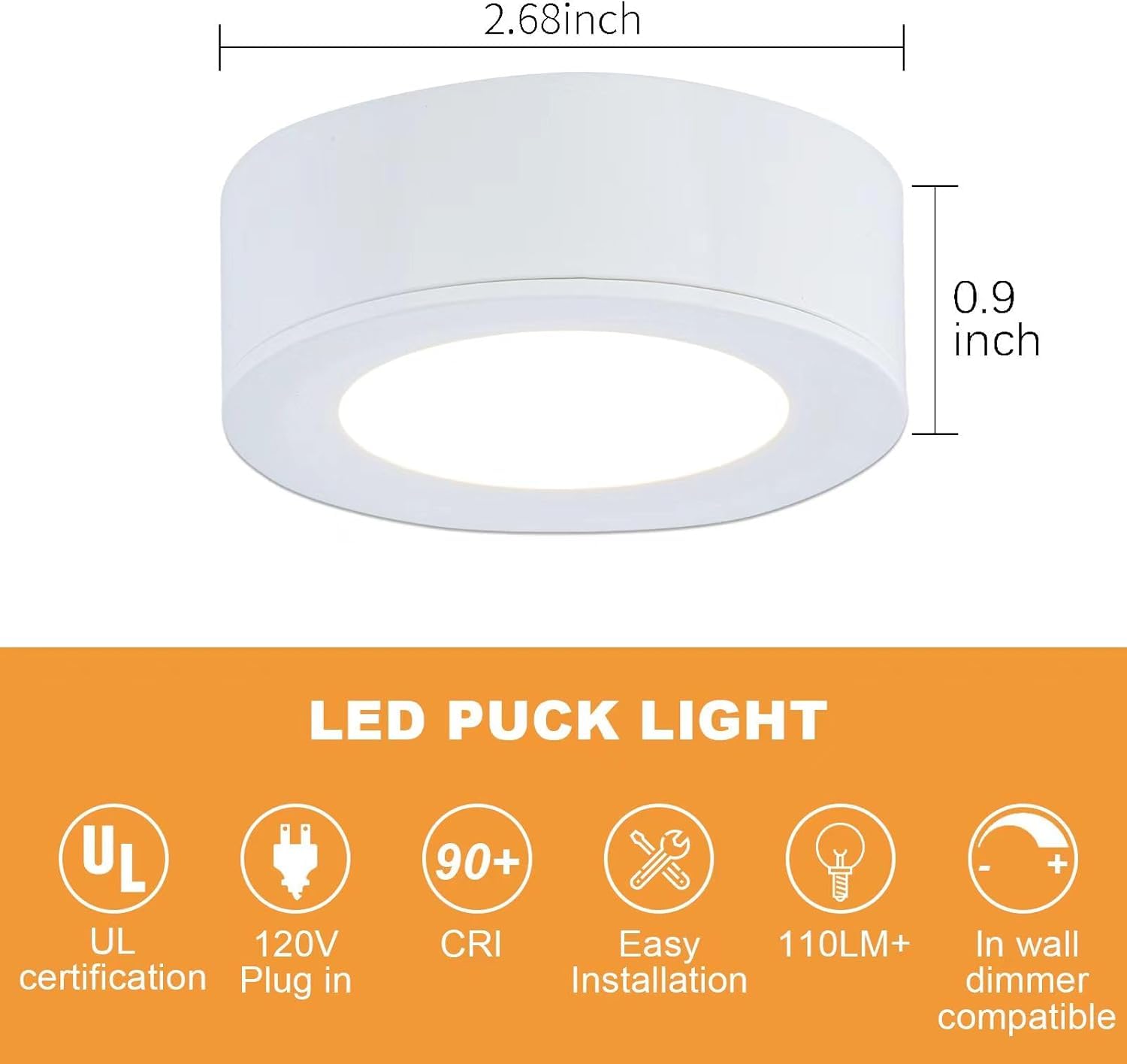 LUMILAND Wired LED Puck Lights, 4000K Natural White, Plug-in Cabinet Lighting, Surface/Recess Mount, Model 20840B-WT-NW-S3, White